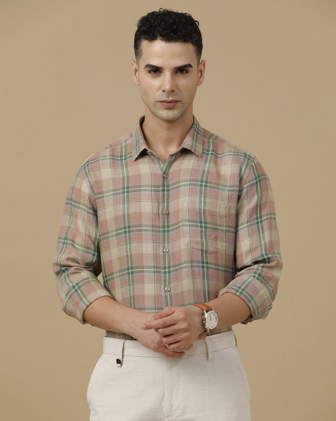 Linen Club Men's Pure Linen Green Checked Contemporary Fit Full Sleeve Casual Shirt