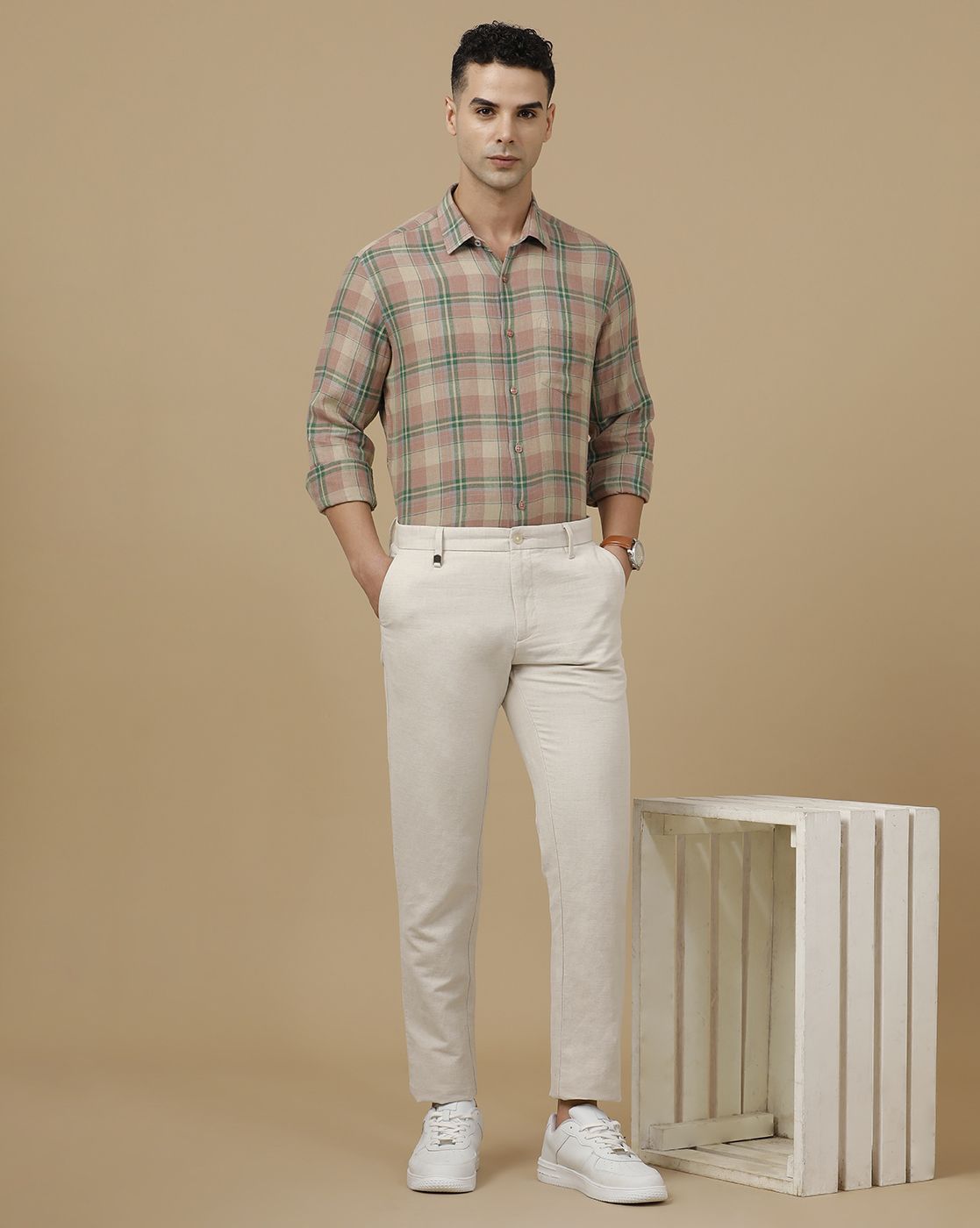 Linen Club Men's Pure Linen Green Checked Contemporary Fit Full Sleeve Casual Shirt