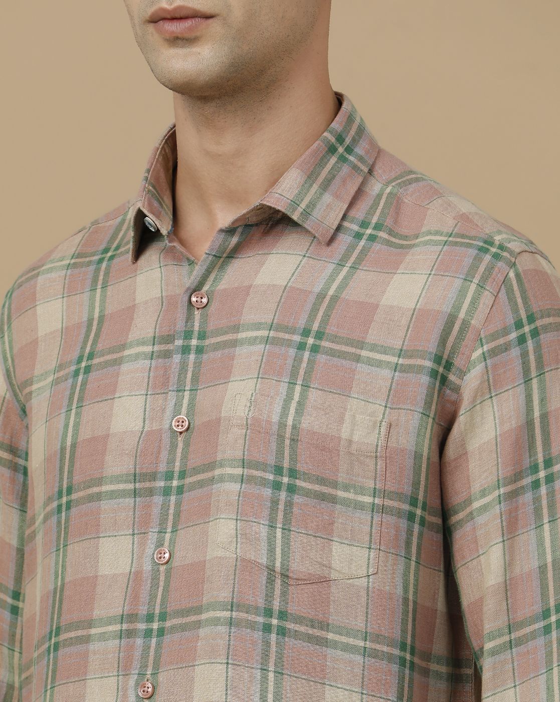 Linen Club Men's Pure Linen Green Checked Contemporary Fit Full Sleeve Casual Shirt
