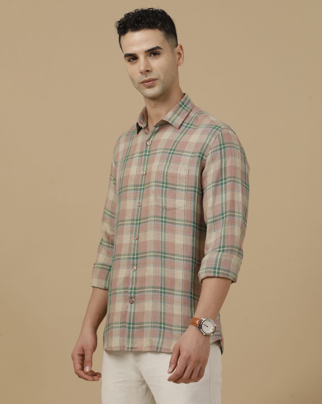 Linen Club Men's Pure Linen Green Checked Contemporary Fit Full Sleeve Casual Shirt