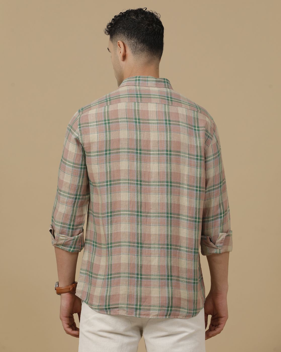 Linen Club Men's Pure Linen Green Checked Contemporary Fit Full Sleeve Casual Shirt