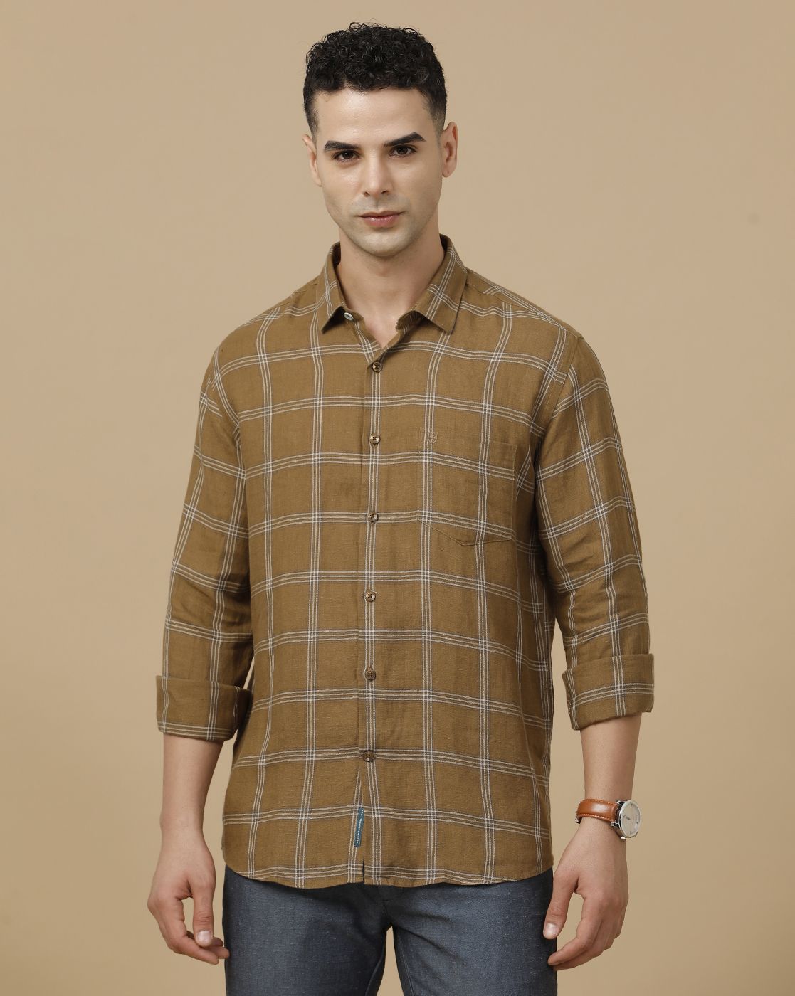 Linen Club Men's Pure Linen Brown Checked Contemporary Fit Full Sleeve Casual Shirt