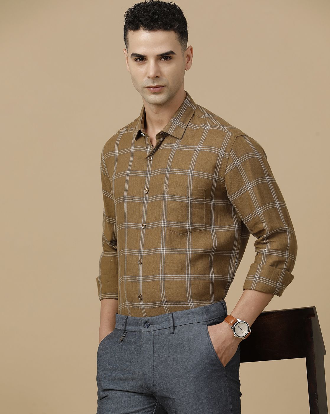 Linen Club Men's Pure Linen Brown Checked Contemporary Fit Full Sleeve Casual Shirt