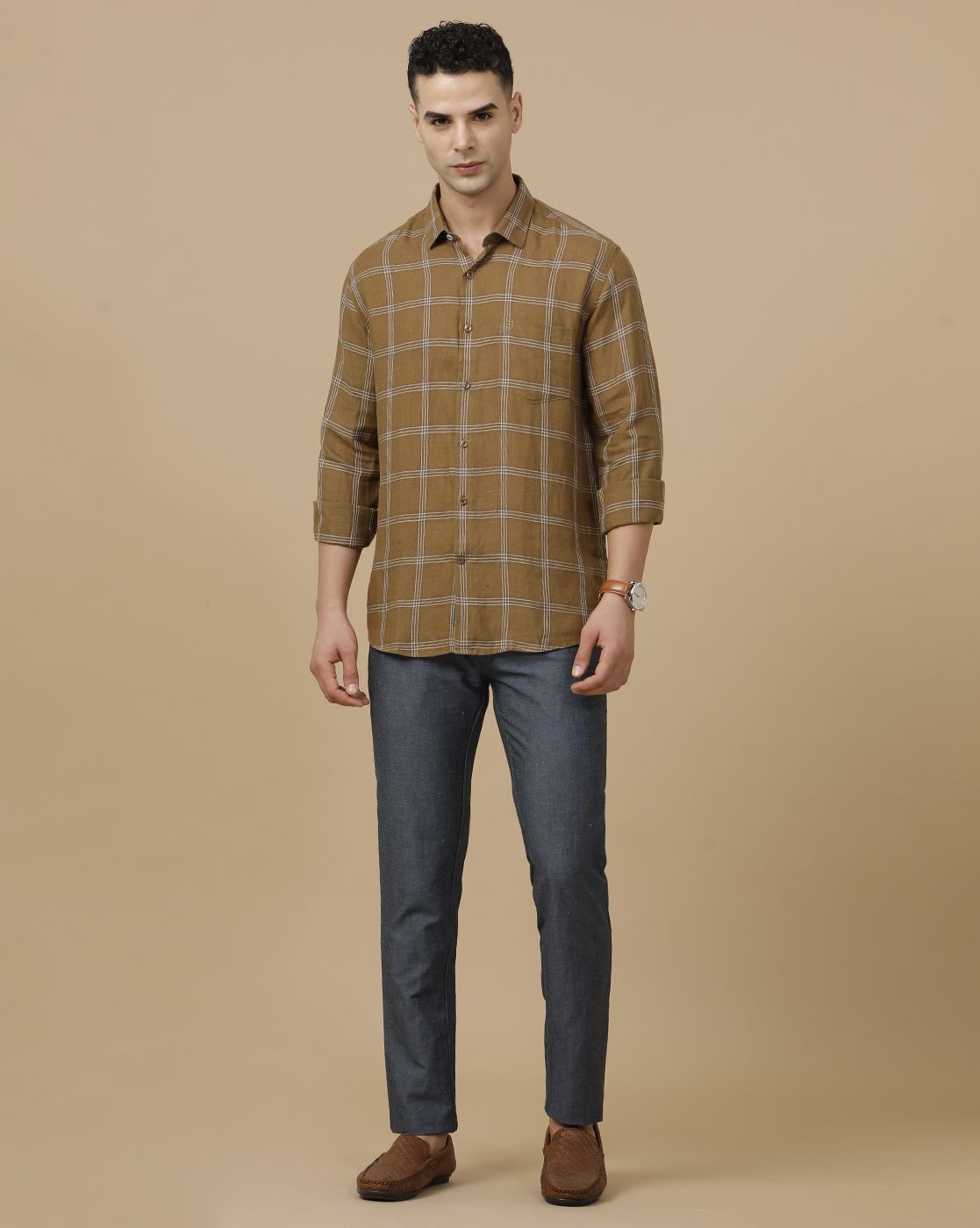 Linen Club Men's Pure Linen Brown Checked Contemporary Fit Full Sleeve Casual Shirt