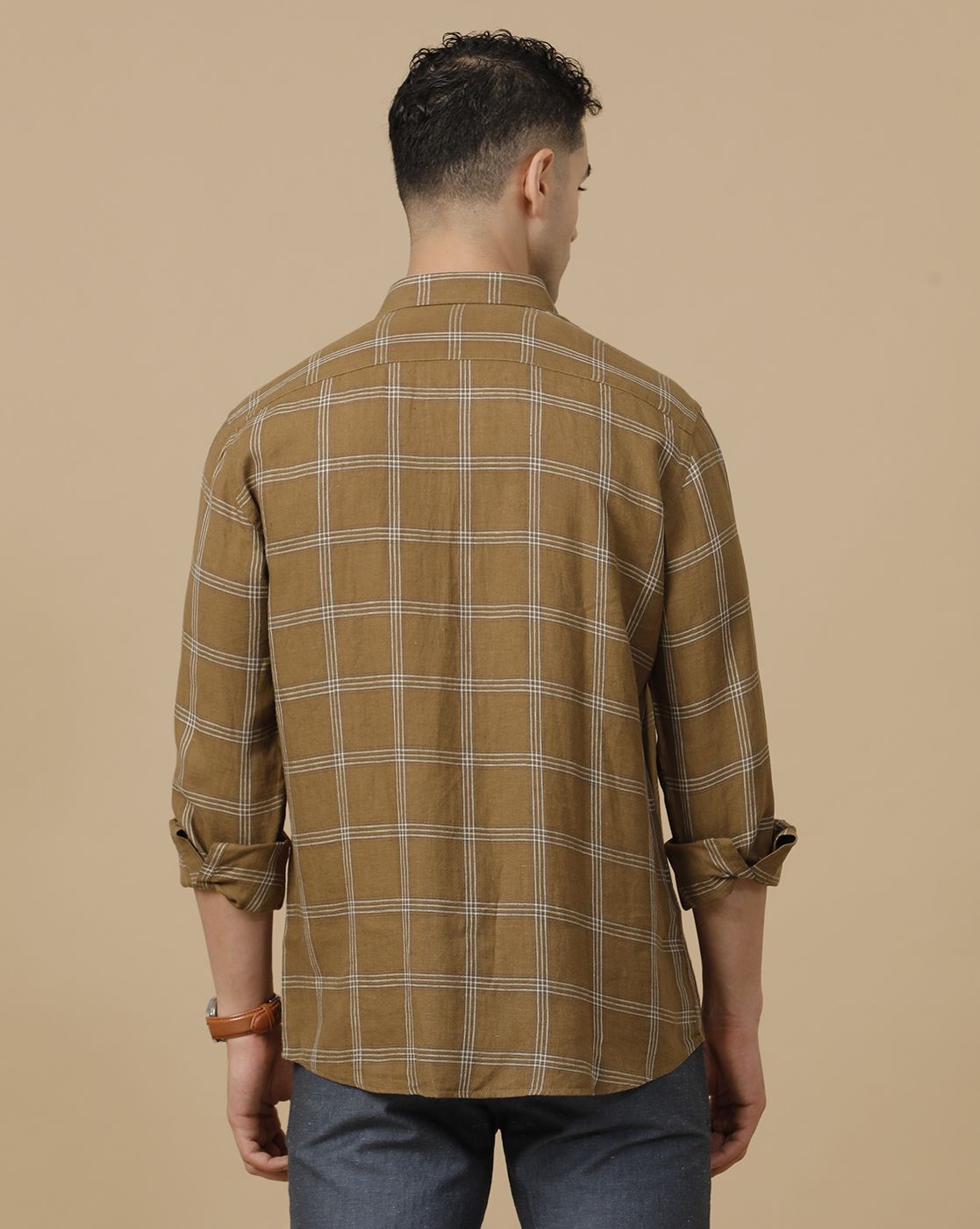 Linen Club Men's Pure Linen Brown Checked Contemporary Fit Full Sleeve Casual Shirt