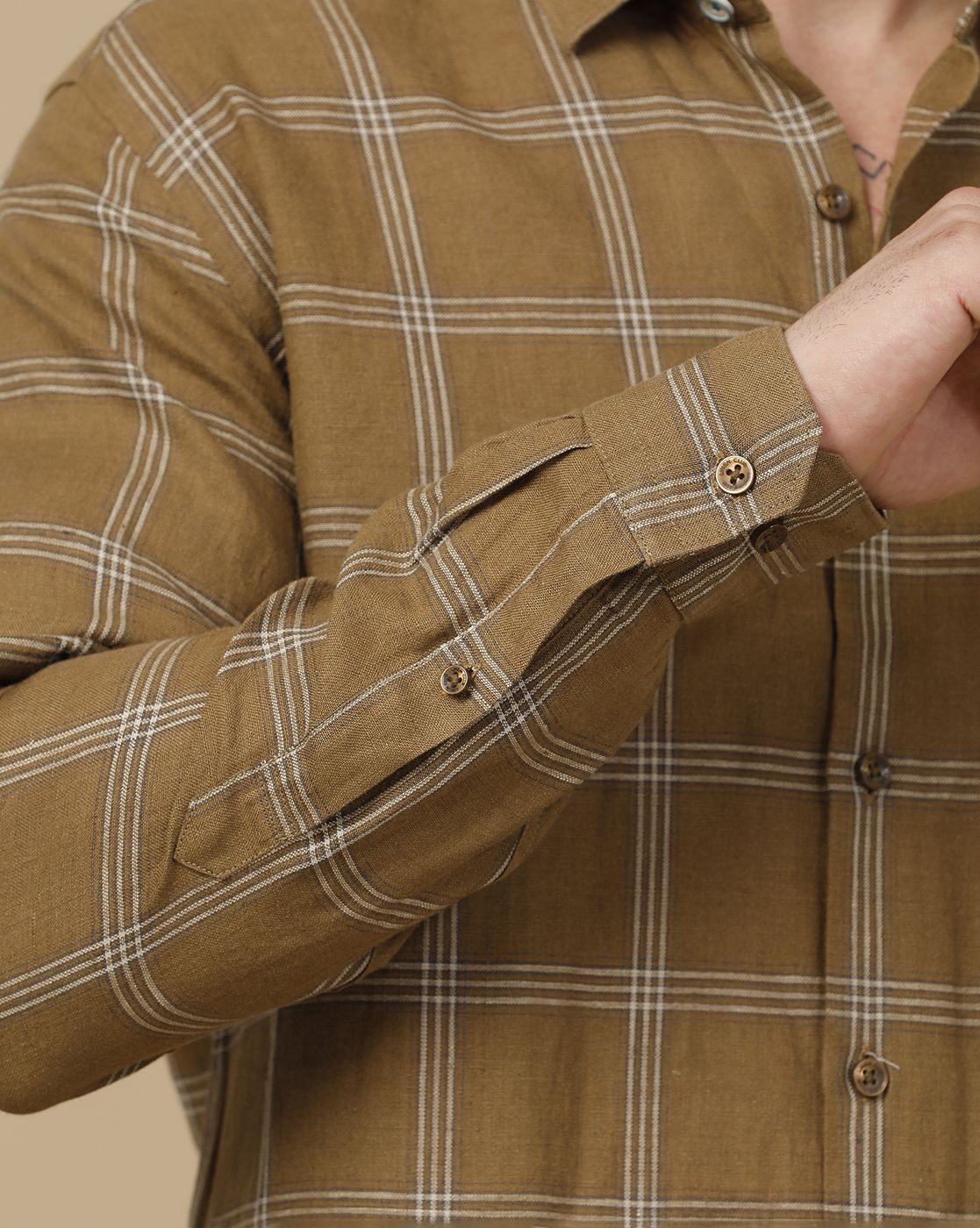 Linen Club Men's Pure Linen Brown Checked Contemporary Fit Full Sleeve Casual Shirt