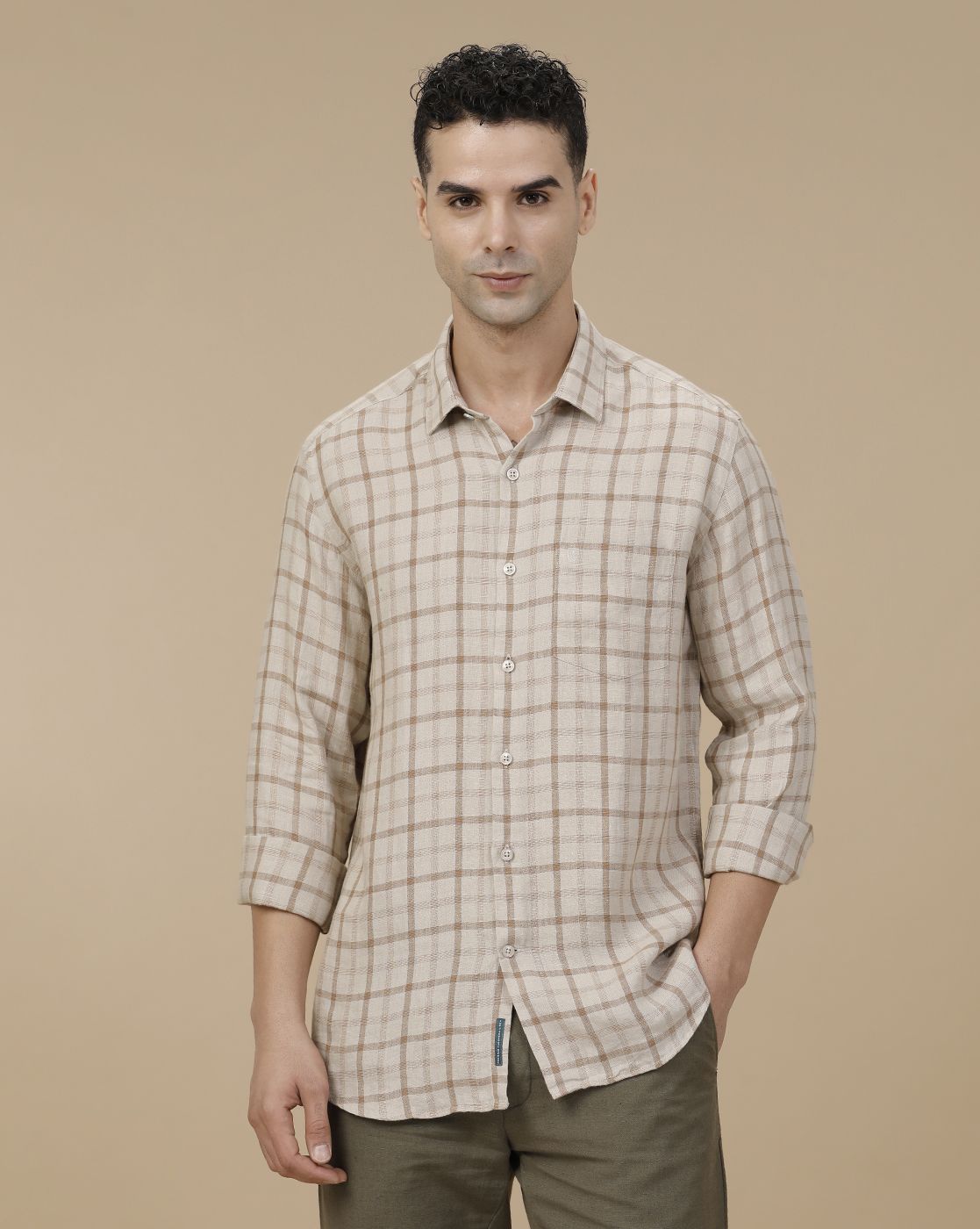 Linen Club Men's Pure Linen Brown Checked Contemporary Fit Full Sleeve Casual Shirt