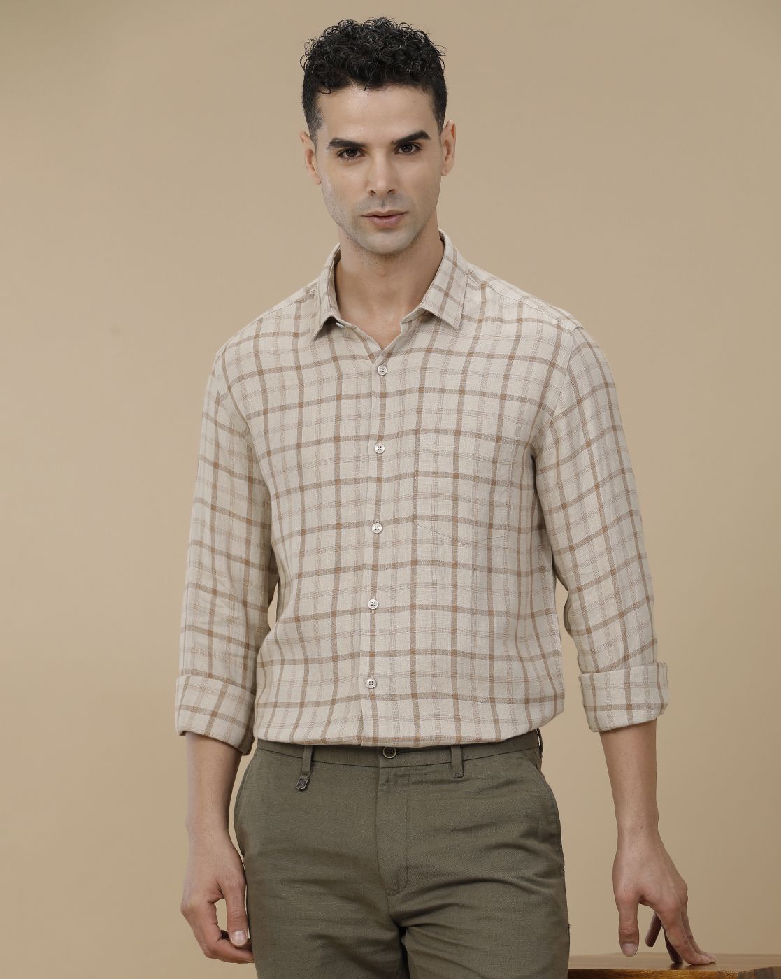 Linen Club Men's Pure Linen Brown Checked Contemporary Fit Full Sleeve Casual Shirt
