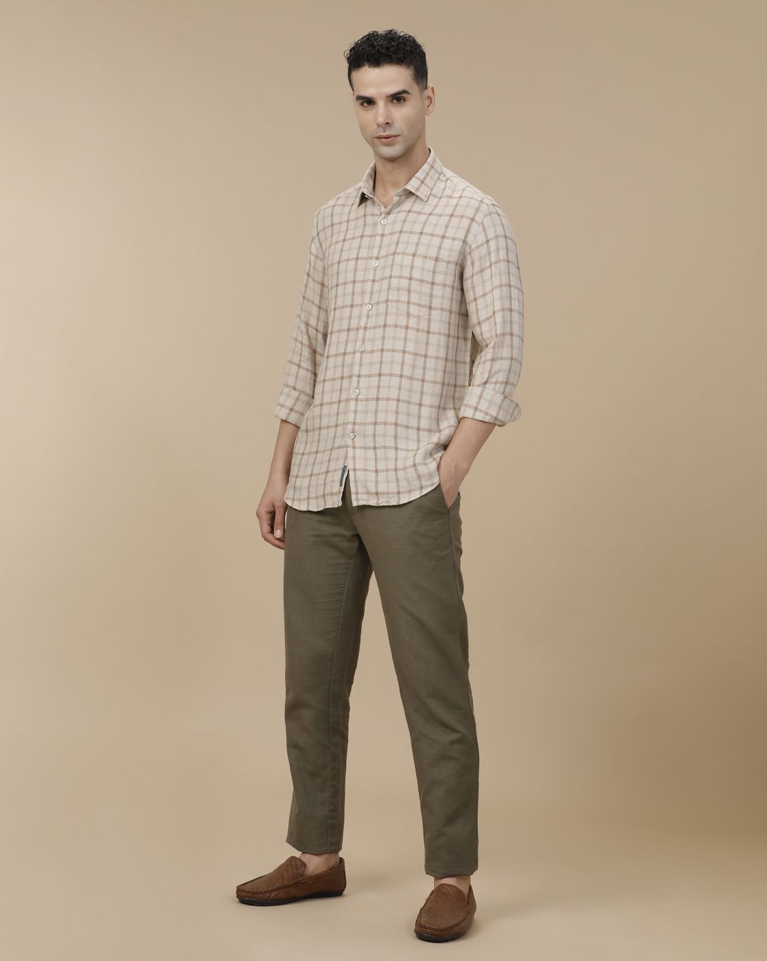 Linen Club Men's Pure Linen Brown Checked Contemporary Fit Full Sleeve Casual Shirt