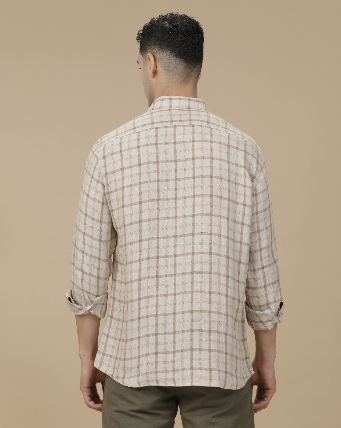 Linen Club Men's Pure Linen Brown Checked Contemporary Fit Full Sleeve Casual Shirt