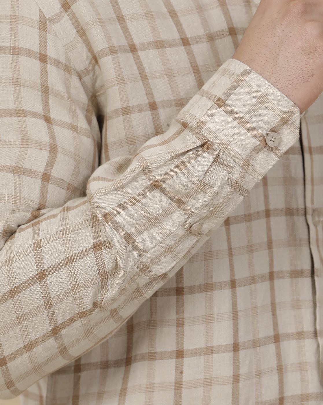 Linen Club Men's Pure Linen Brown Checked Contemporary Fit Full Sleeve Casual Shirt