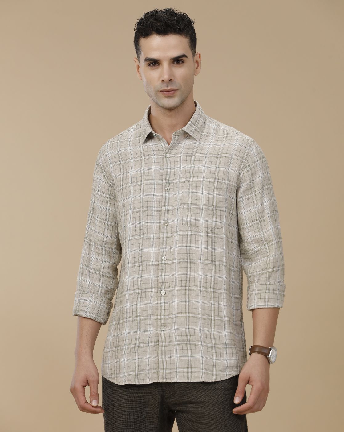 Linen Club Men's Pure Linen Green Checked Contemporary Fit Full Sleeve Casual Shirt
