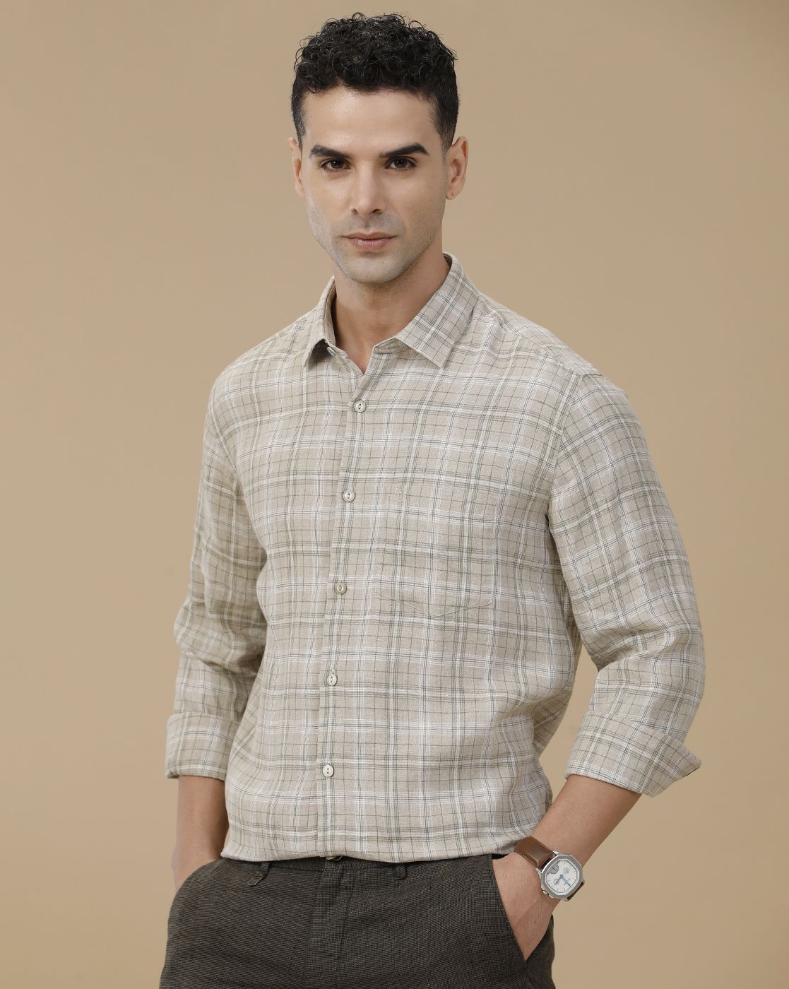 Linen Club Men's Pure Linen Green Checked Contemporary Fit Full Sleeve Casual Shirt