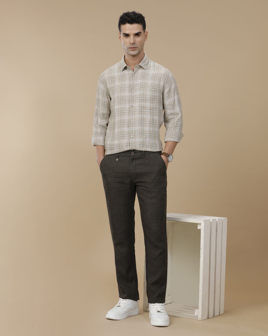 Linen Club Men's Pure Linen Green Checked Contemporary Fit Full Sleeve Casual Shirt