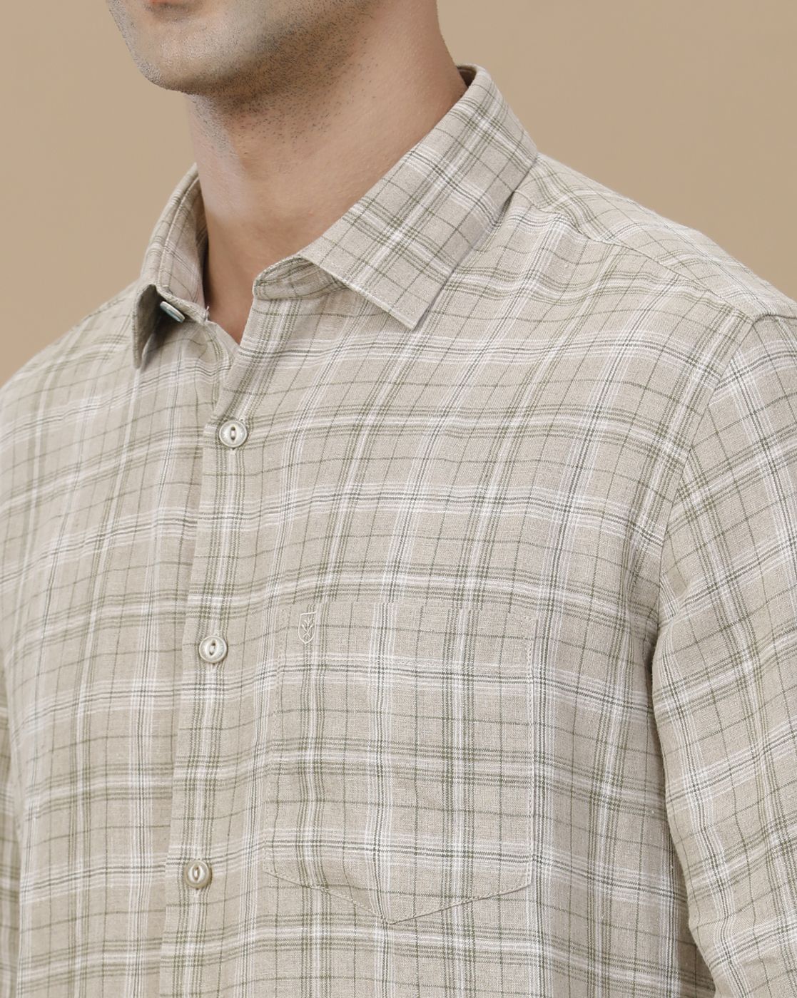 Linen Club Men's Pure Linen Green Checked Contemporary Fit Full Sleeve Casual Shirt