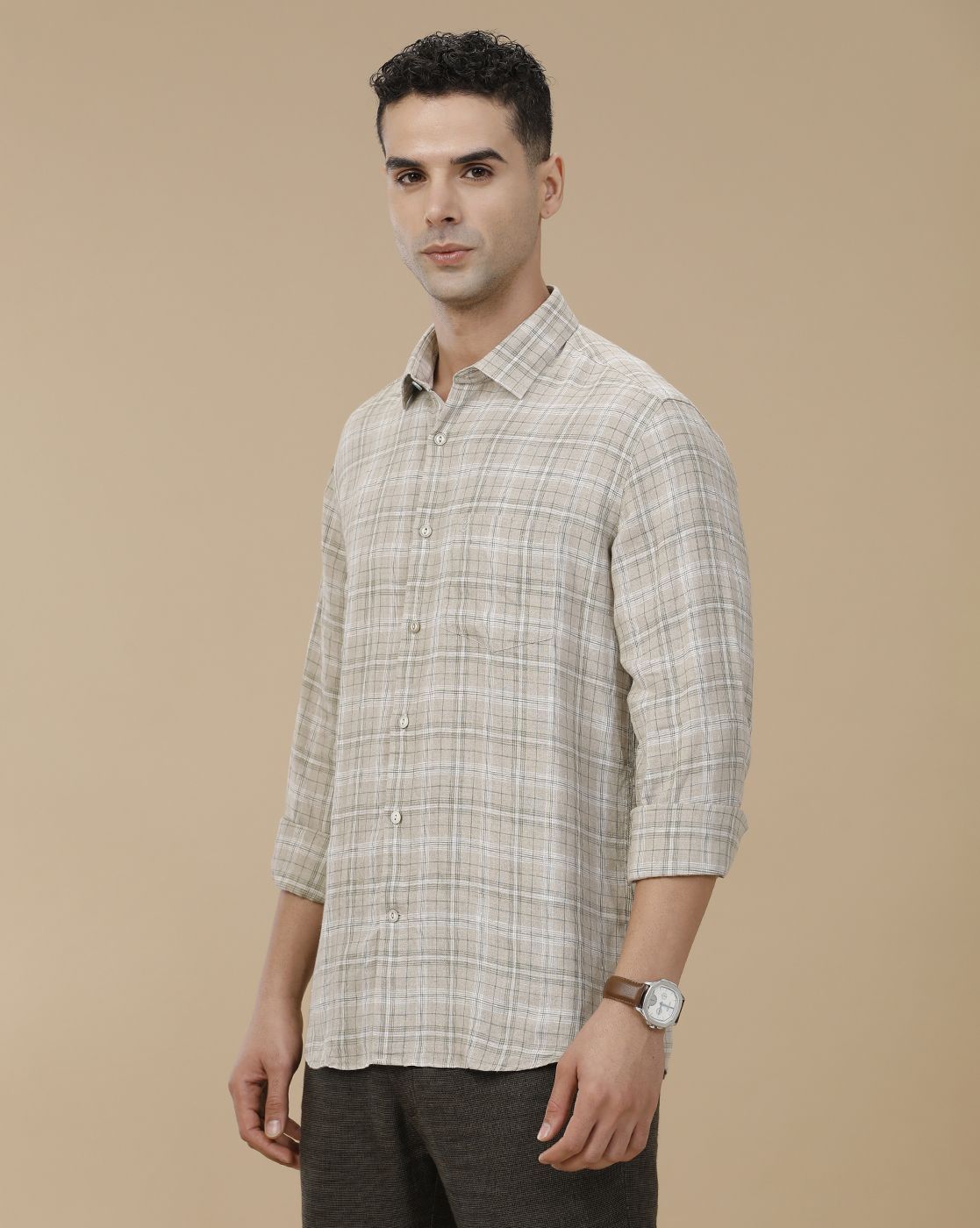 Linen Club Men's Pure Linen Green Checked Contemporary Fit Full Sleeve Casual Shirt