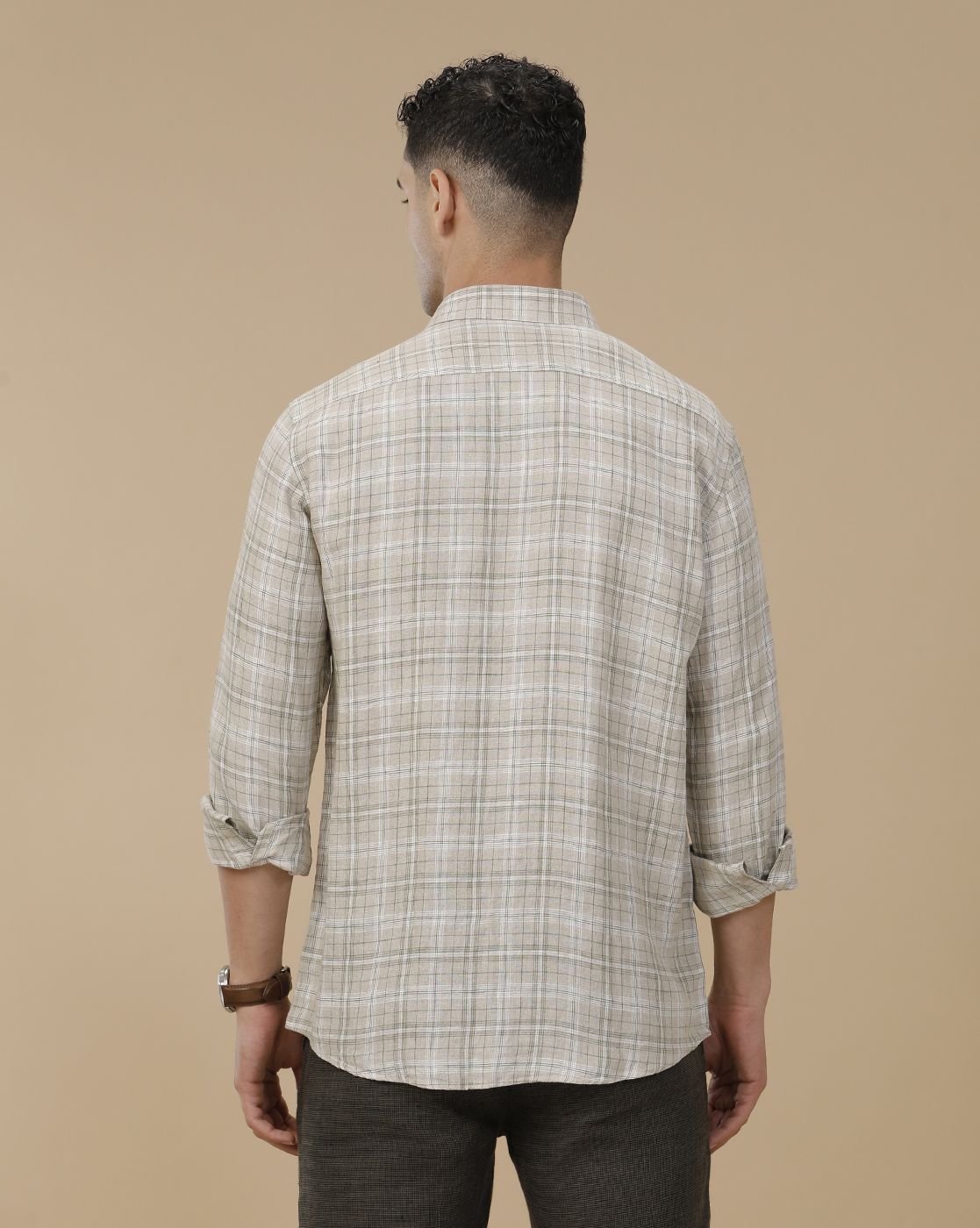 Linen Club Men's Pure Linen Green Checked Contemporary Fit Full Sleeve Casual Shirt
