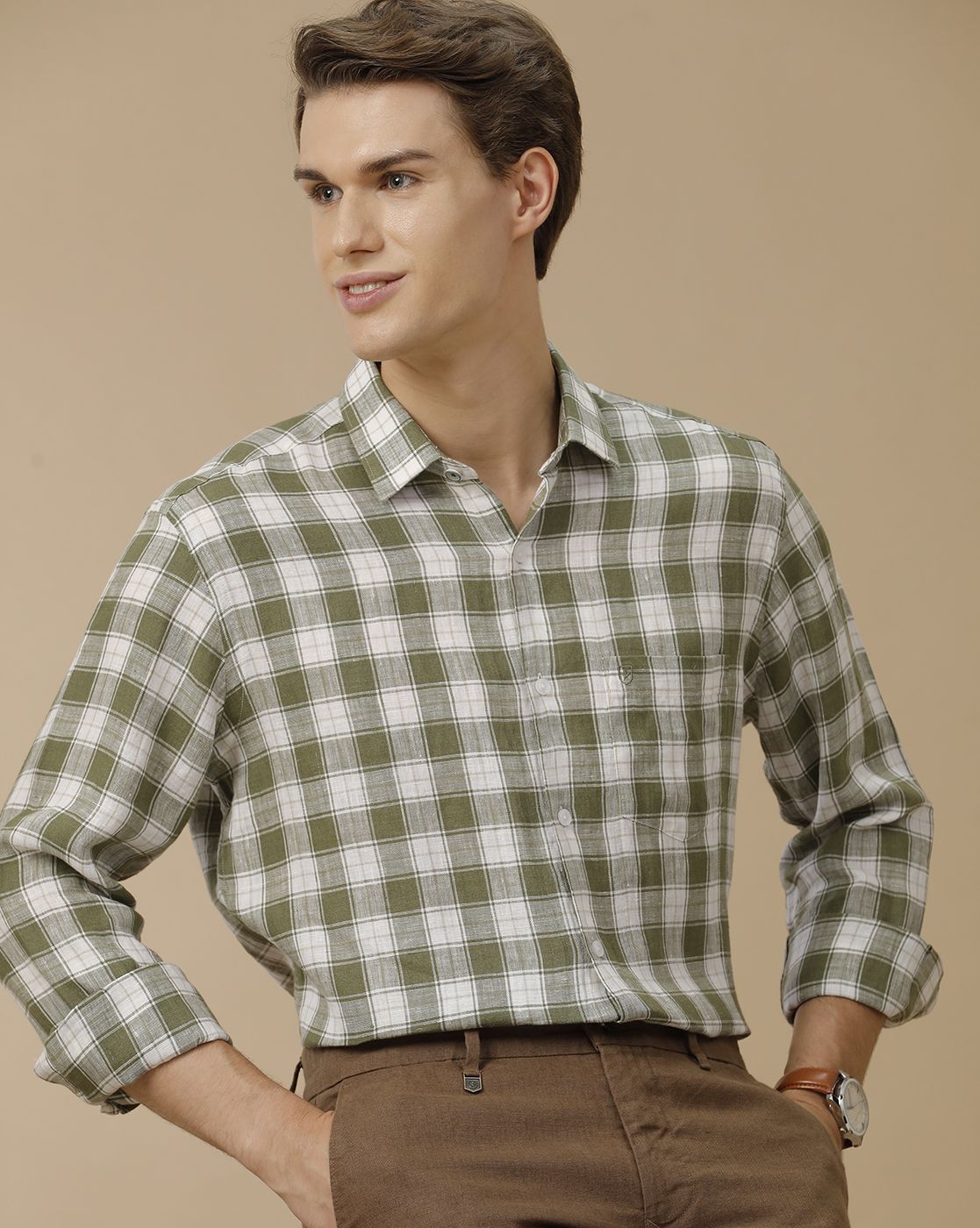 Men's Pure Linen Green Checked Contemporary Fit Full Sleeve Casual Shirt