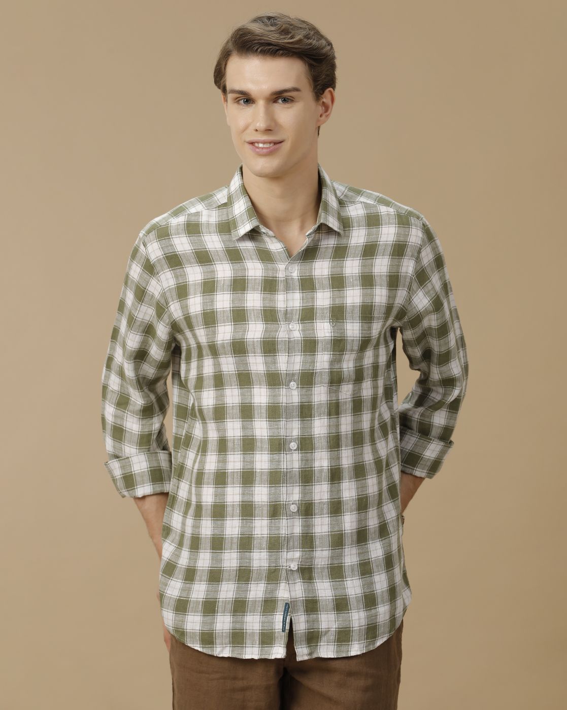 Men's Pure Linen Green Checked Contemporary Fit Full Sleeve Casual Shirt