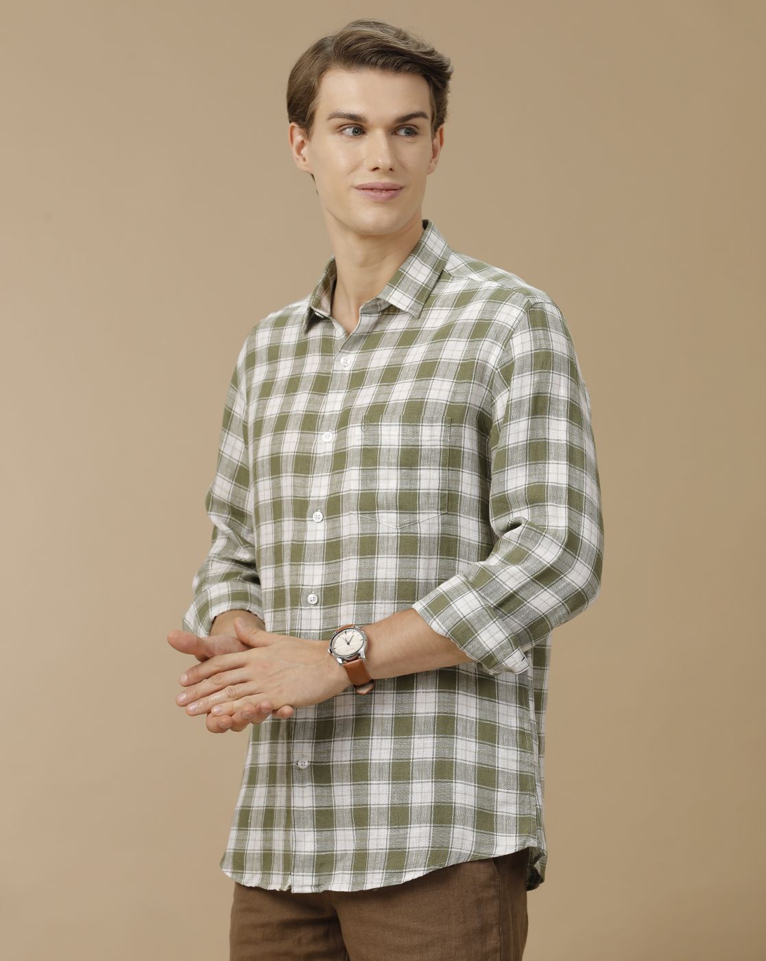 Men's Pure Linen Green Checked Contemporary Fit Full Sleeve Casual Shirt