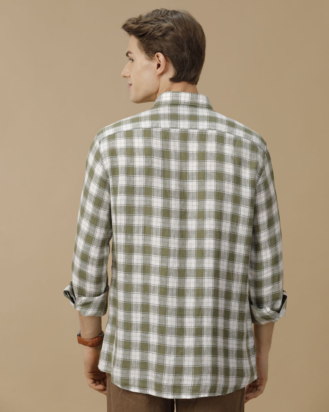Men's Pure Linen Green Checked Contemporary Fit Full Sleeve Casual Shirt