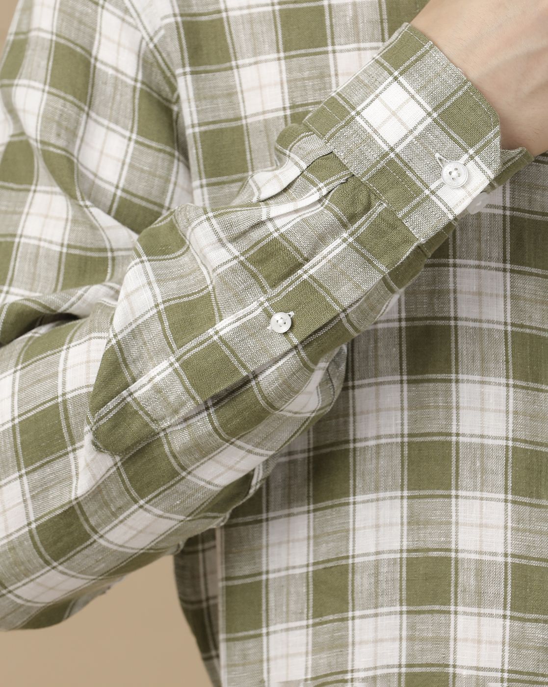 Men's Pure Linen Green Checked Contemporary Fit Full Sleeve Casual Shirt