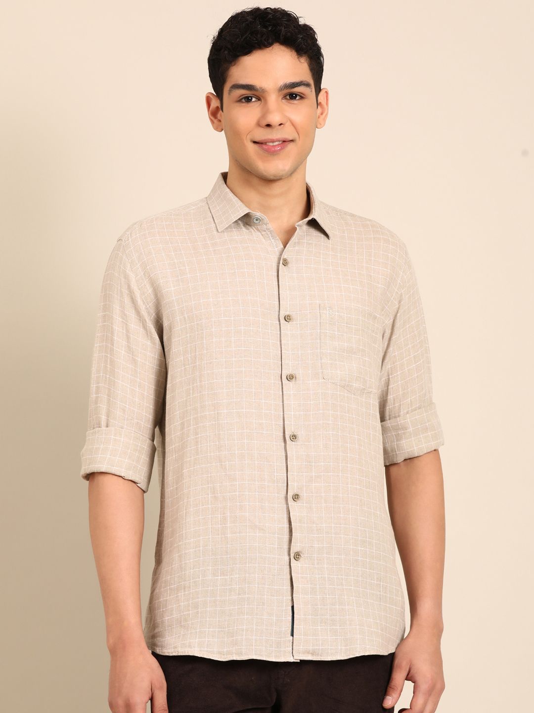 Linen Club Men's Pure Linen Natural Checkered Contemporary Fit Full Sleeve Casual Shirt