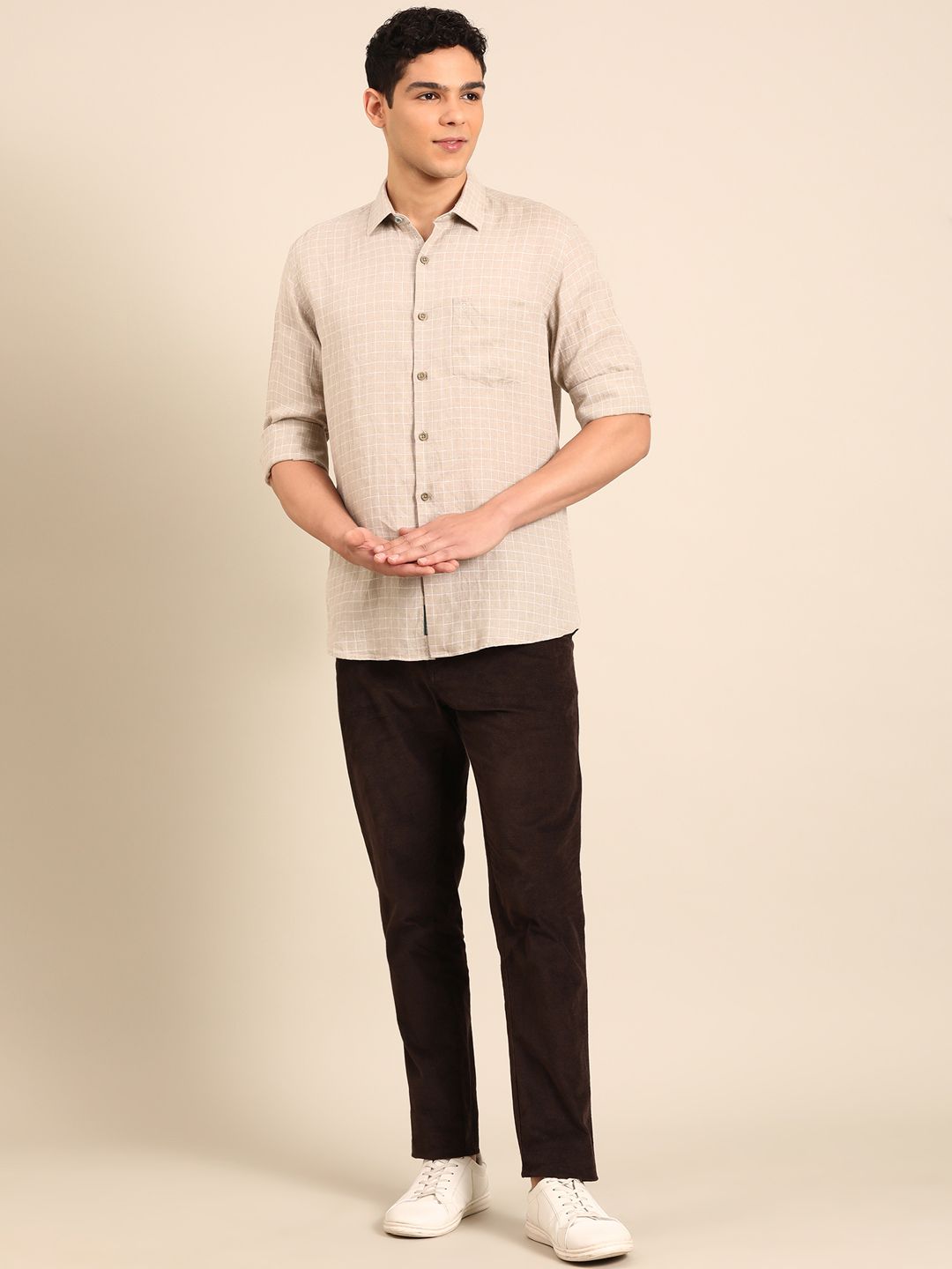 Linen Club Men's Pure Linen Natural Checkered Contemporary Fit Full Sleeve Casual Shirt