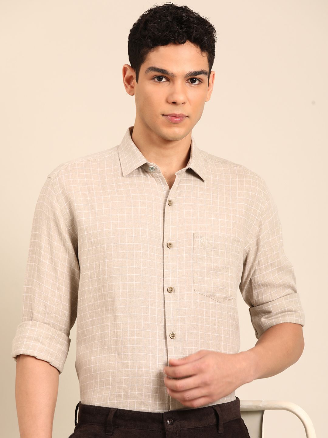 Linen Club Men's Pure Linen Natural Checkered Contemporary Fit Full Sleeve Casual Shirt