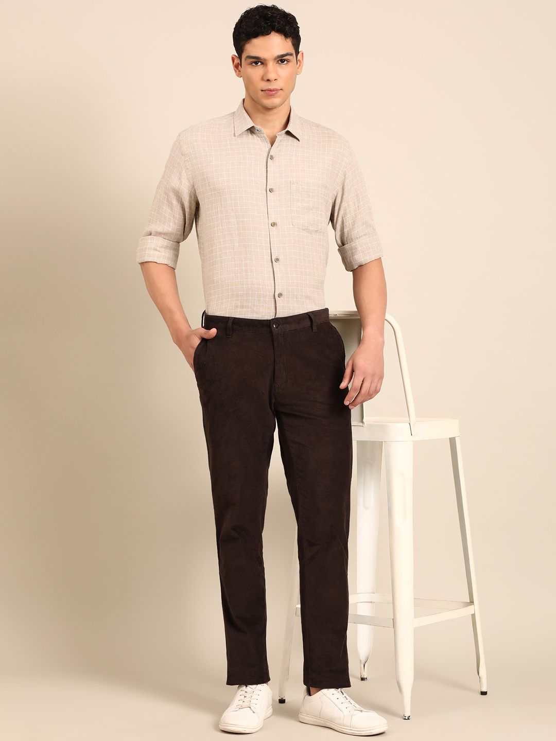 Linen Club Men's Pure Linen Natural Checkered Contemporary Fit Full Sleeve Casual Shirt