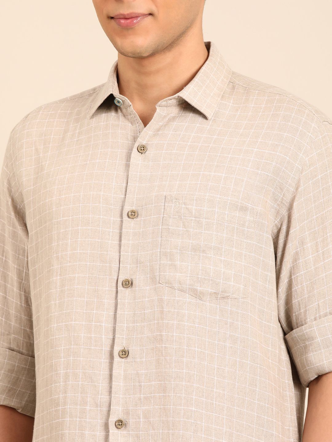 Linen Club Men's Pure Linen Natural Checkered Contemporary Fit Full Sleeve Casual Shirt