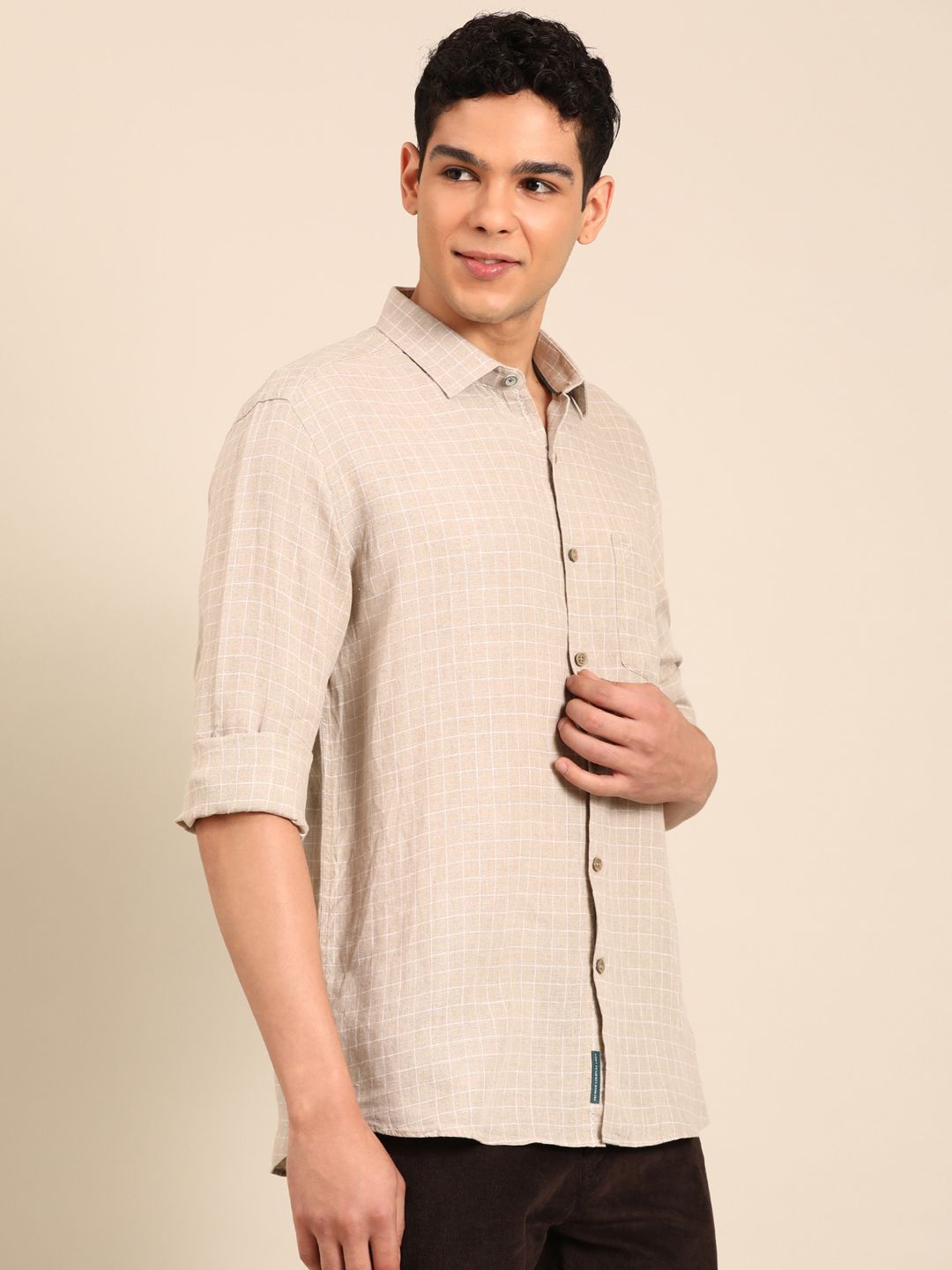 Linen Club Men's Pure Linen Natural Checkered Contemporary Fit Full Sleeve Casual Shirt