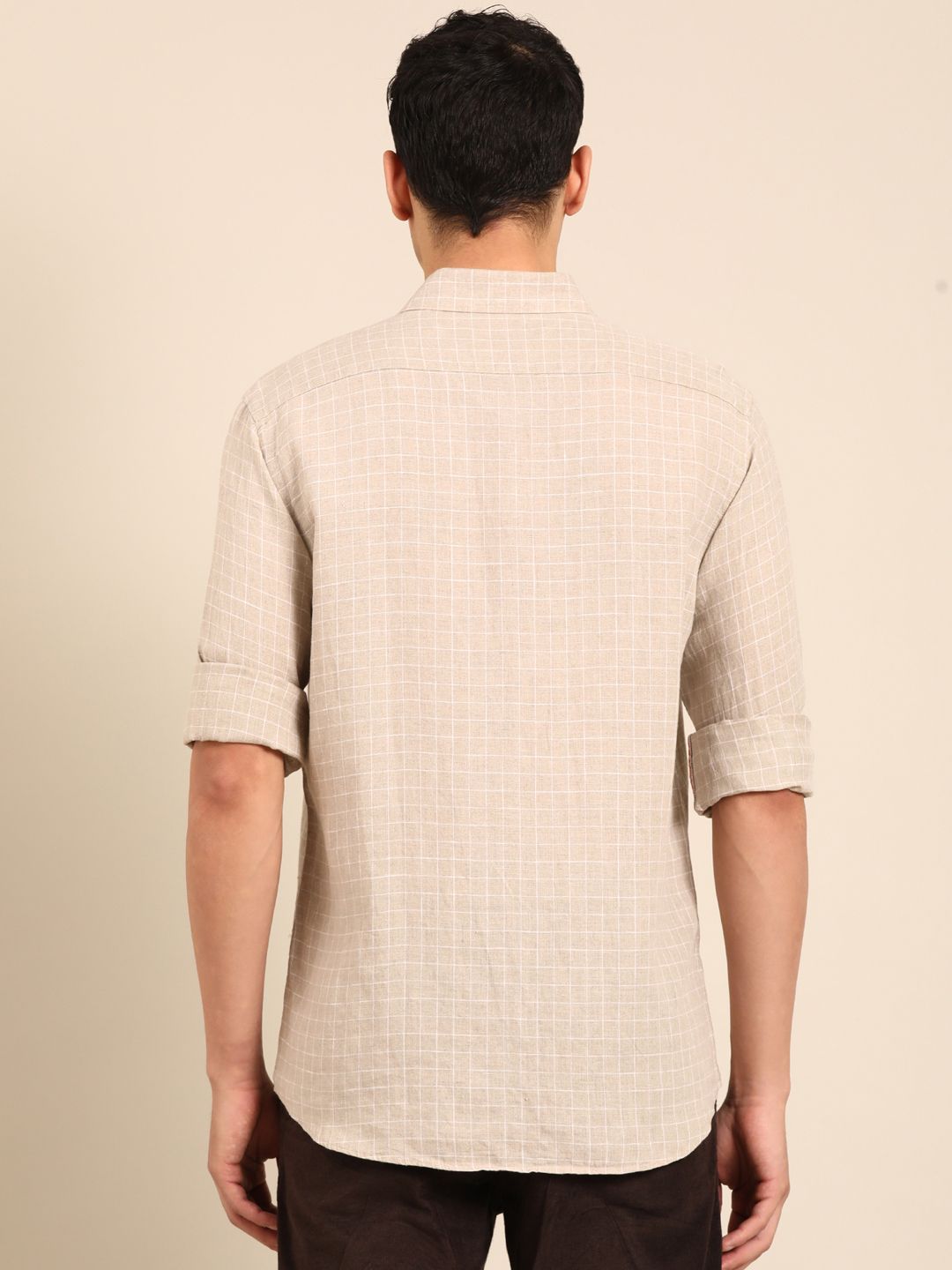 Linen Club Men's Pure Linen Natural Checkered Contemporary Fit Full Sleeve Casual Shirt
