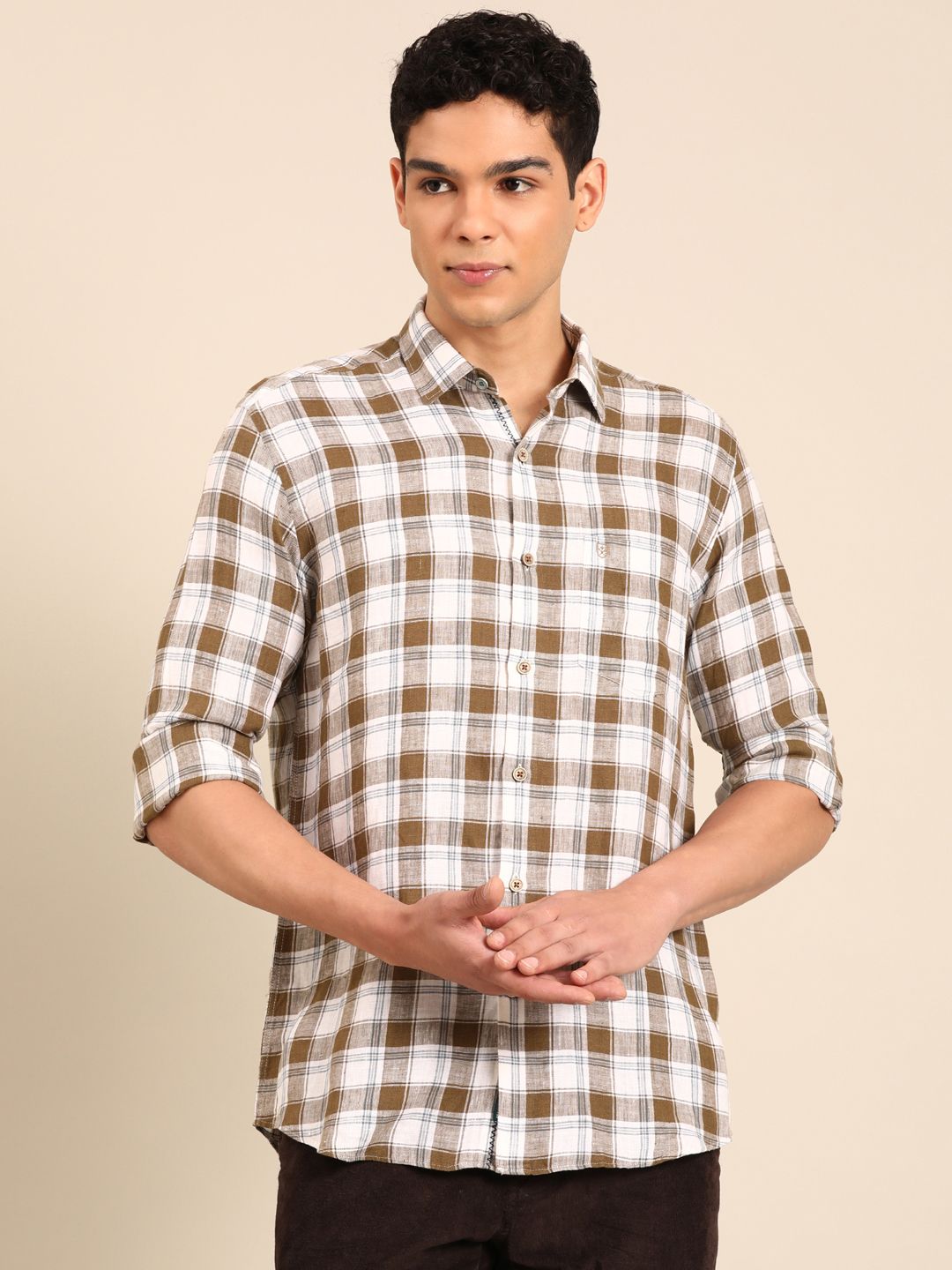 Linen Club Men's Pure Linen White Checkered Contemporary Fit Full Sleeve Casual Shirt