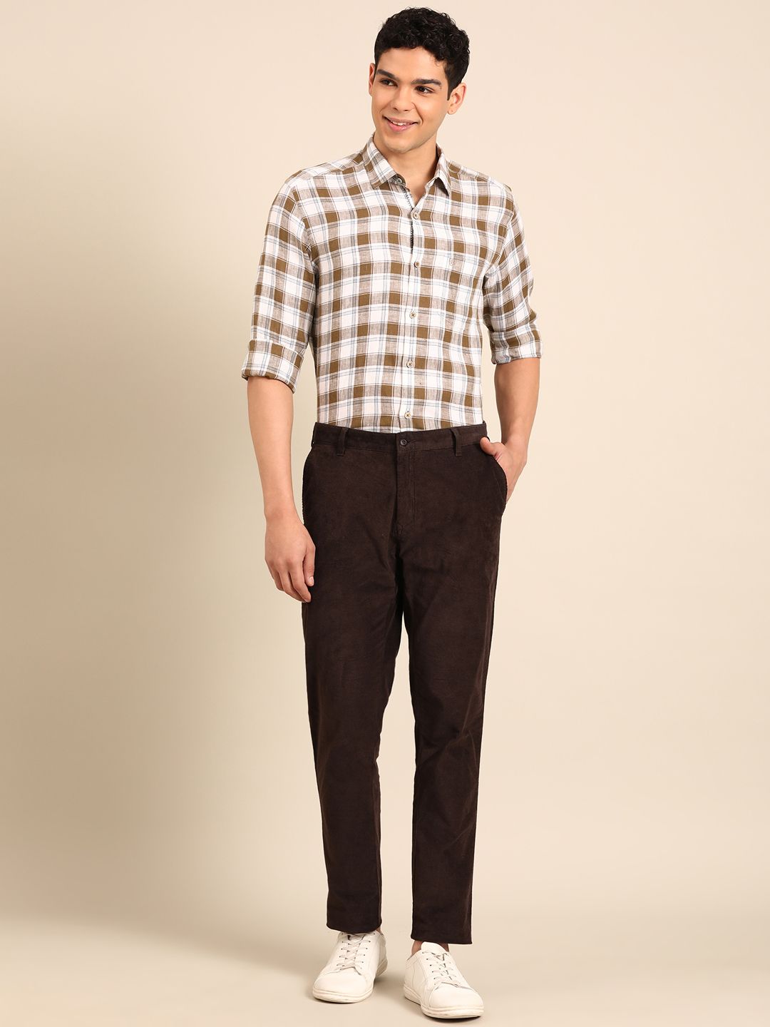 Linen Club Men's Pure Linen White Checkered Contemporary Fit Full Sleeve Casual Shirt
