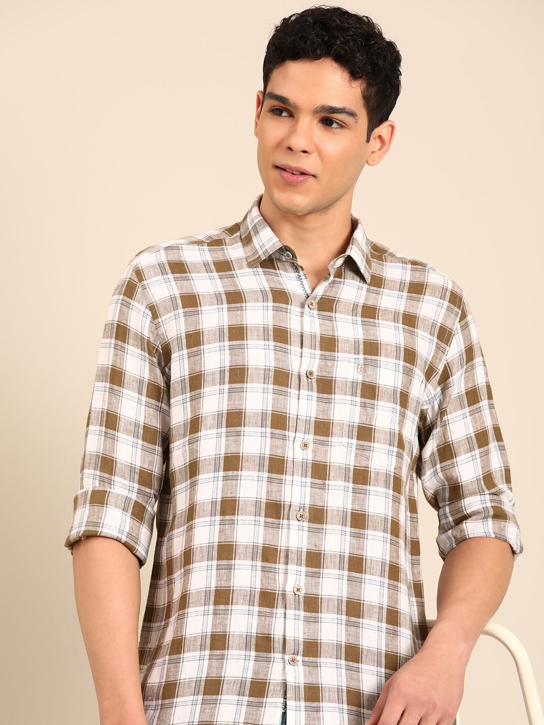 Linen Club Men's Pure Linen White Checkered Contemporary Fit Full Sleeve Casual Shirt