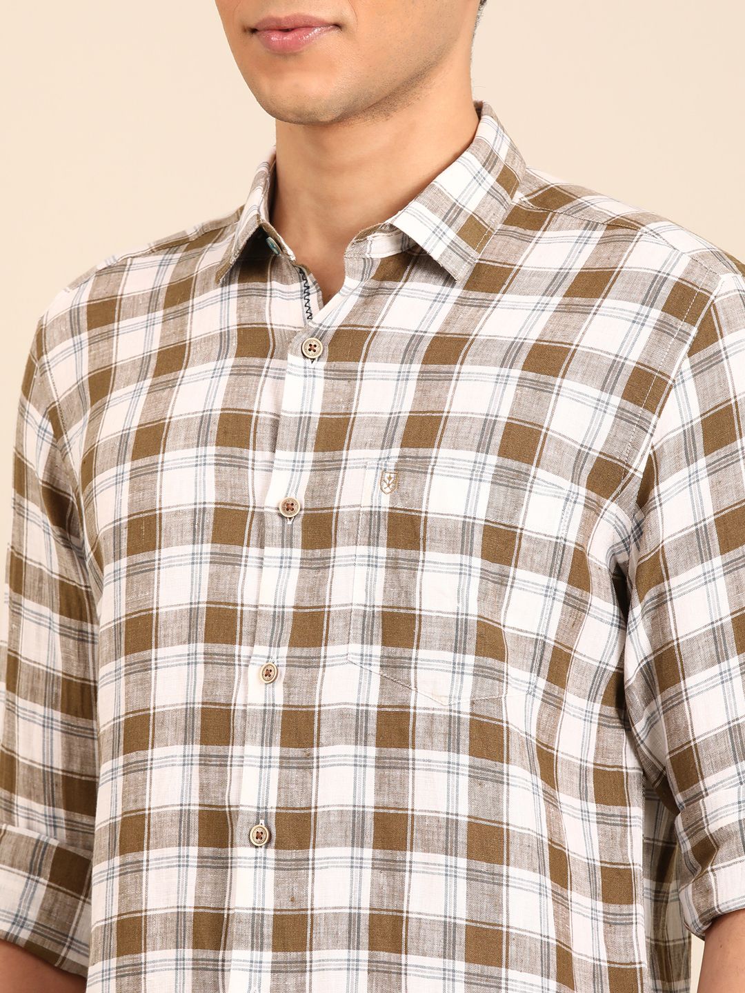 Linen Club Men's Pure Linen White Checkered Contemporary Fit Full Sleeve Casual Shirt