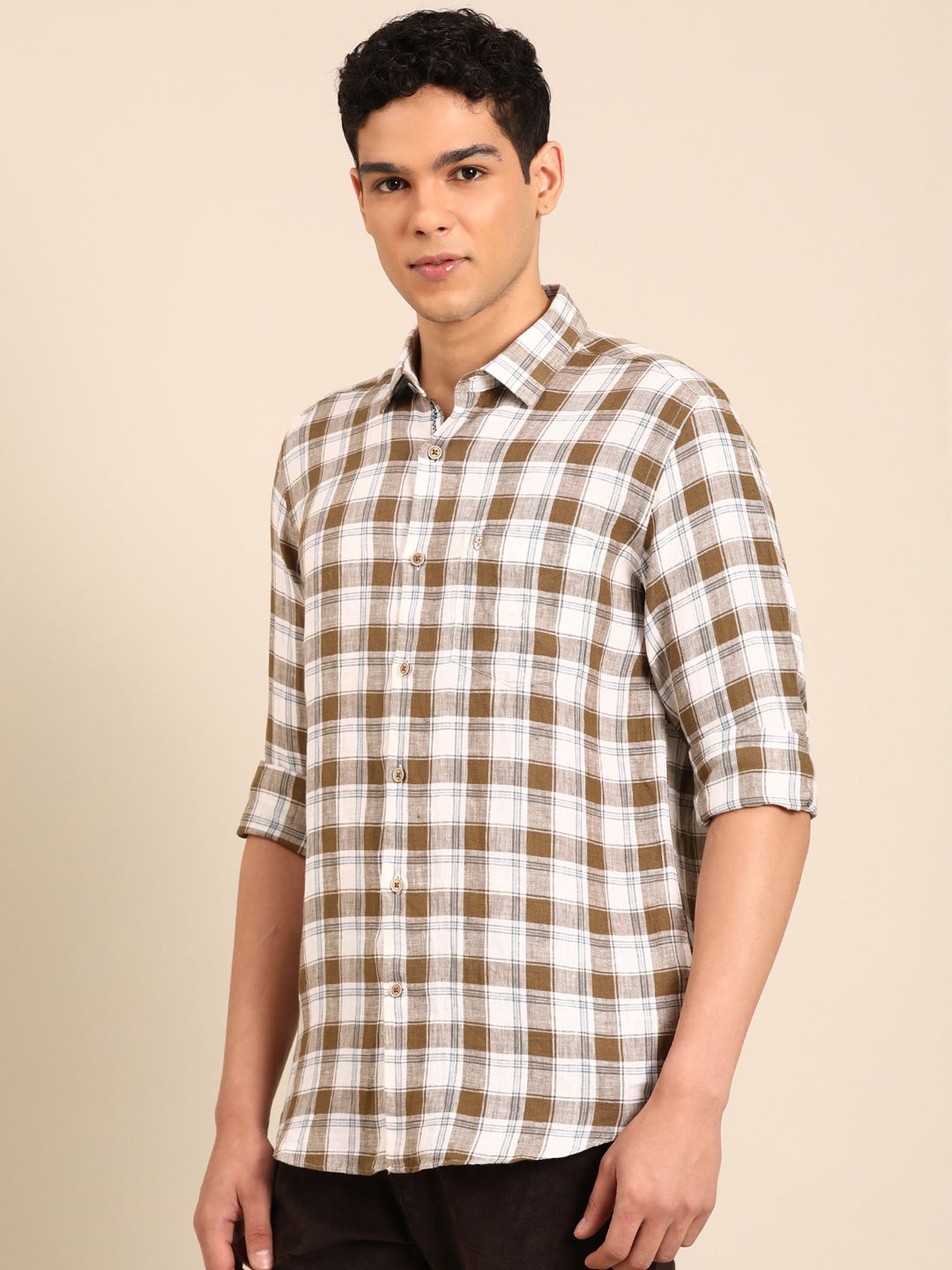 Linen Club Men's Pure Linen White Checkered Contemporary Fit Full Sleeve Casual Shirt