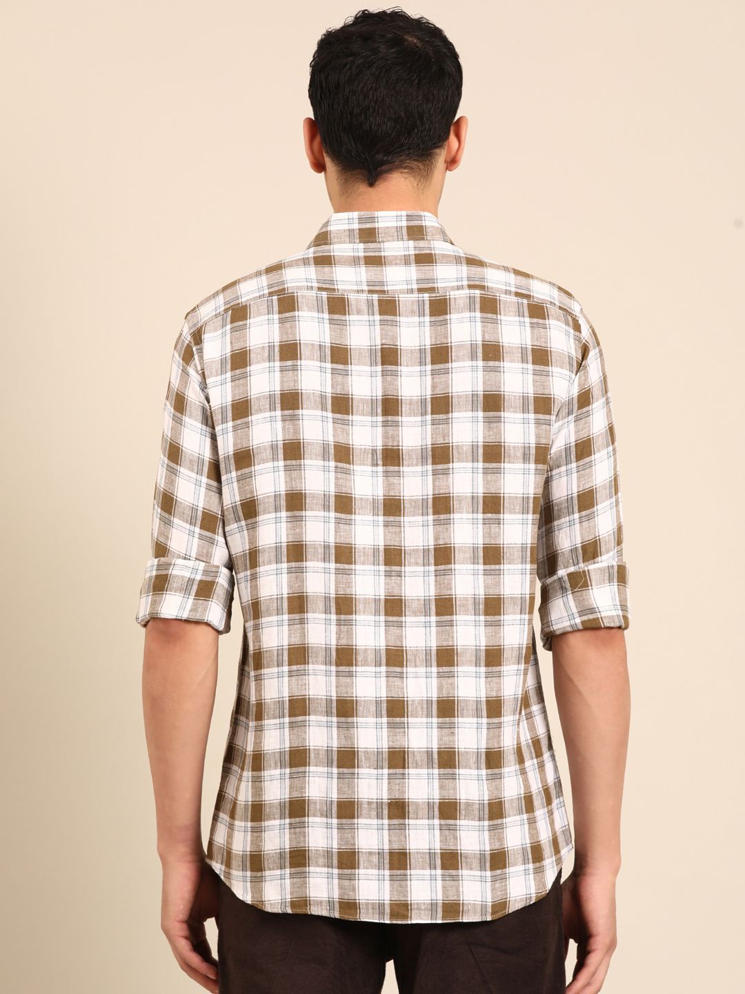 Linen Club Men's Pure Linen White Checkered Contemporary Fit Full Sleeve Casual Shirt