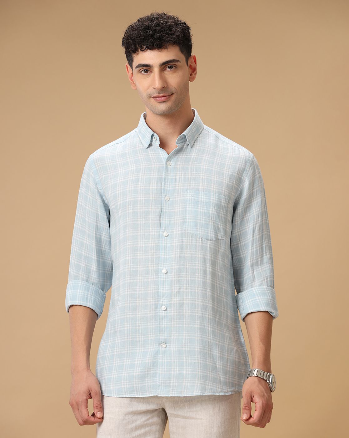 Men's Pure Linen Blue Checked Contemporary Fit Full Sleeve Casual Shirt