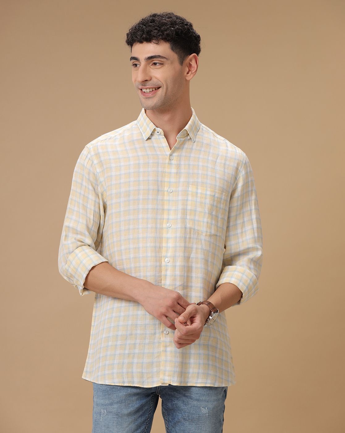 Men's Pure Linen Yellow Checked Contemporary Fit Full Sleeve Casual Shirt