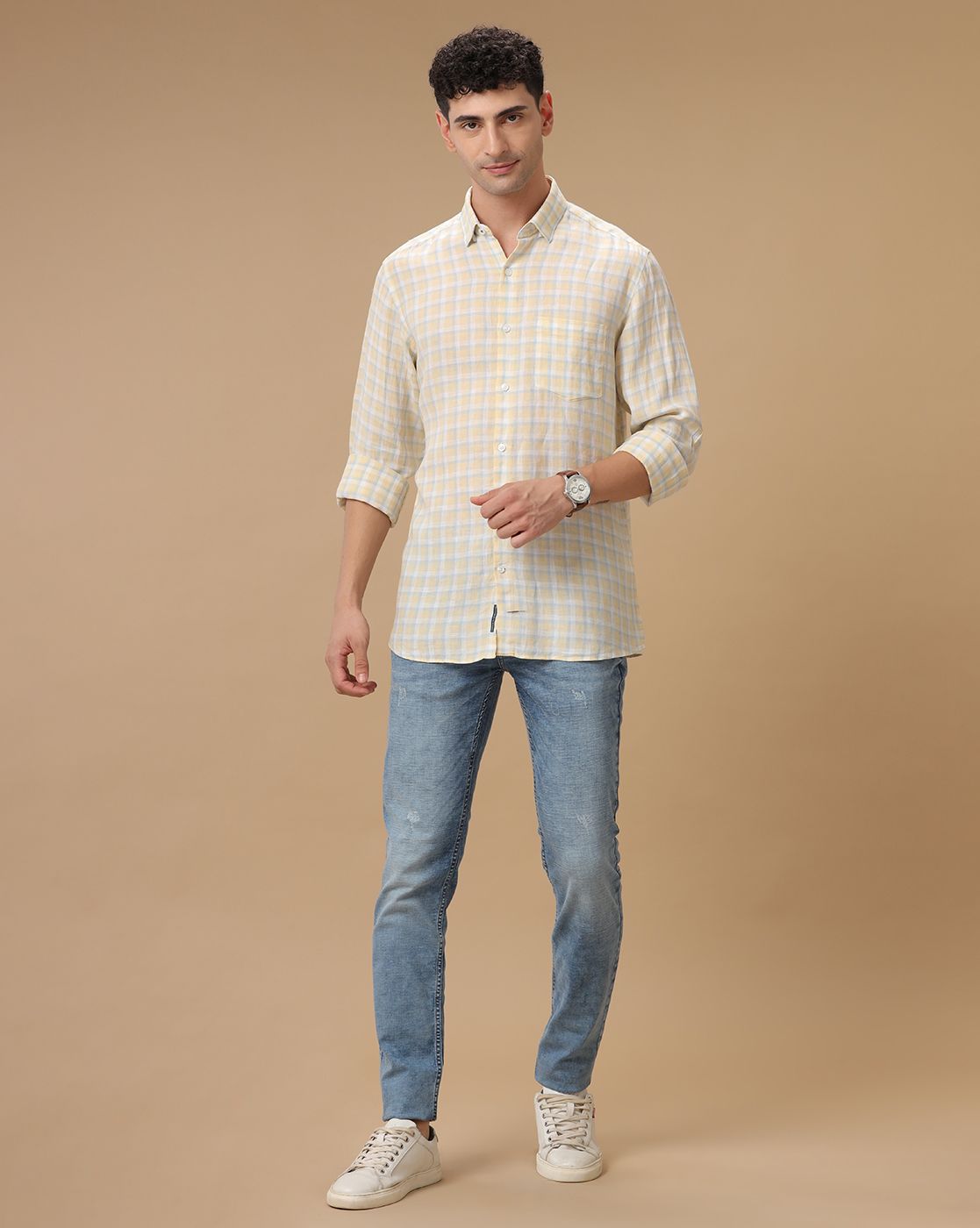 Men's Pure Linen Yellow Checked Contemporary Fit Full Sleeve Casual Shirt