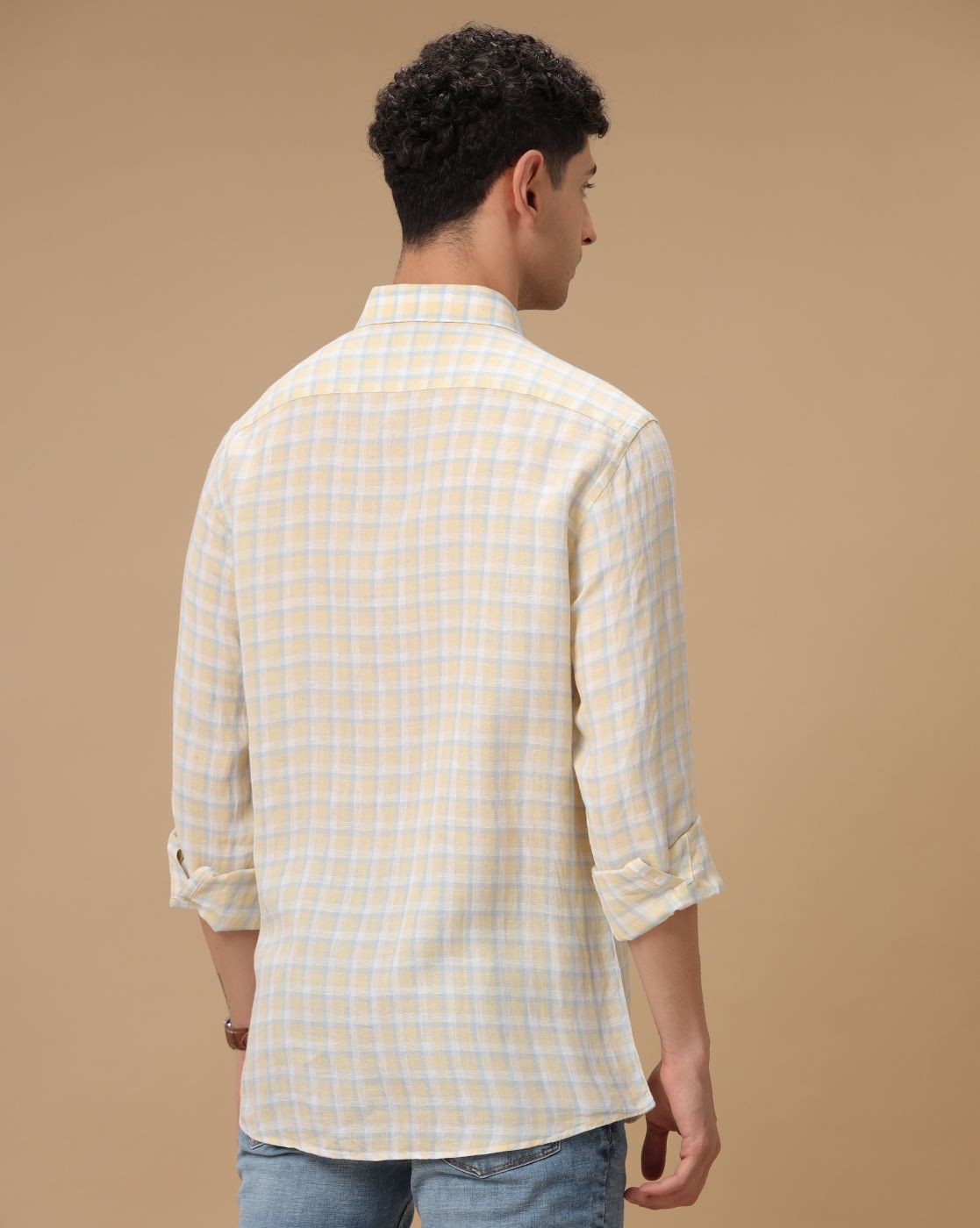 Men's Pure Linen Yellow Checked Contemporary Fit Full Sleeve Casual Shirt