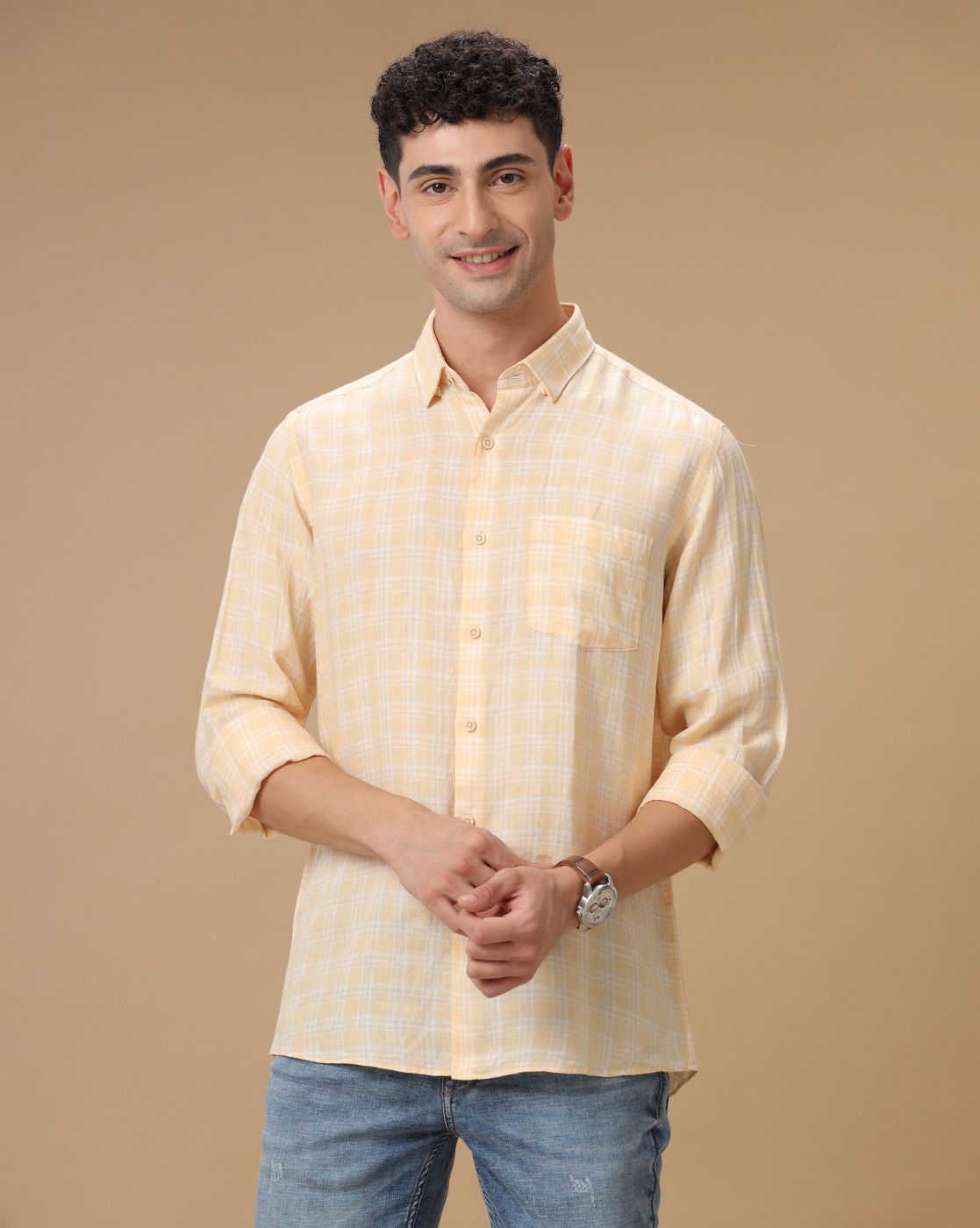 Men's Pure Linen Yellow Checked Contemporary Fit Full Sleeve Casual Shirt