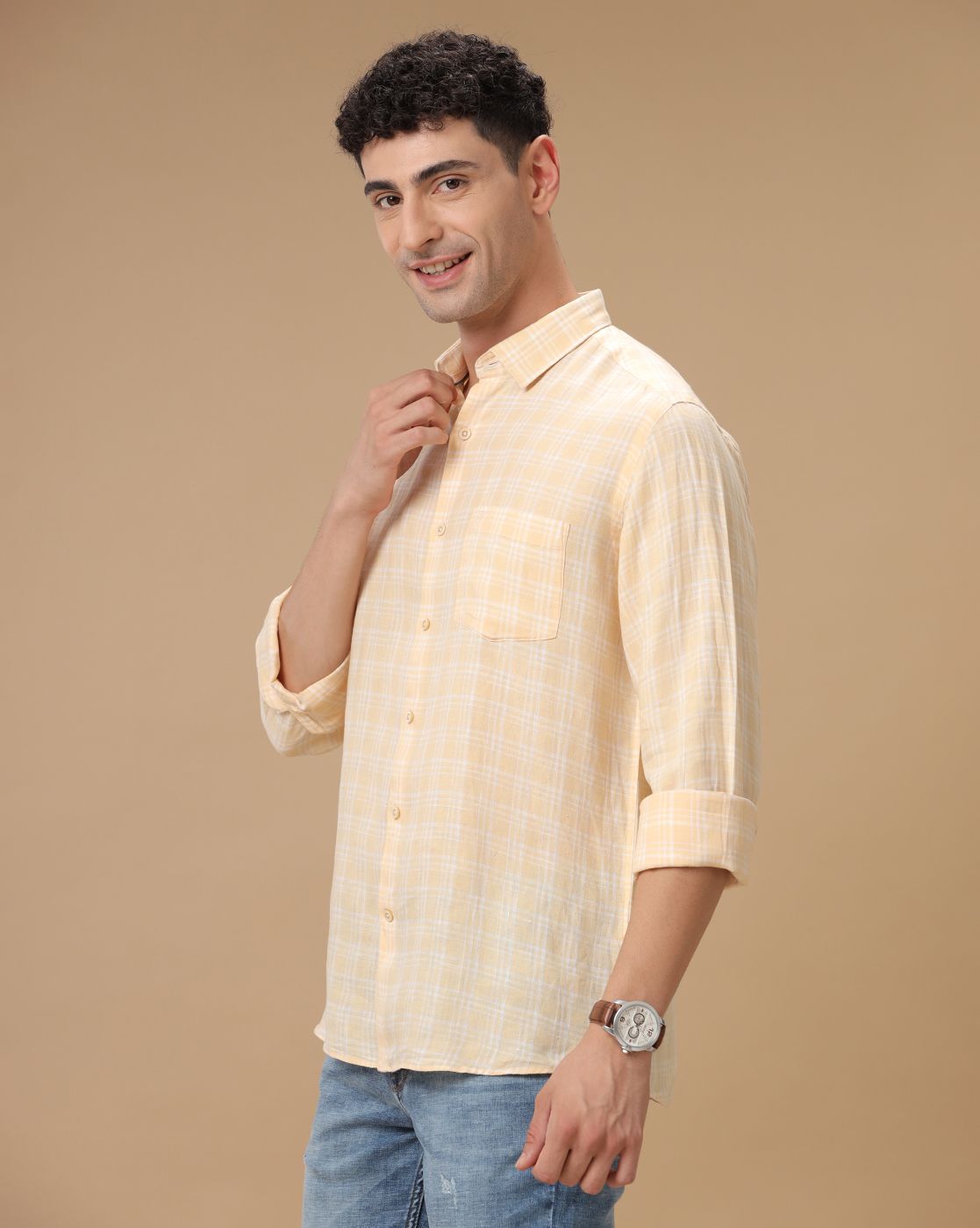 Men's Pure Linen Yellow Checked Contemporary Fit Full Sleeve Casual Shirt