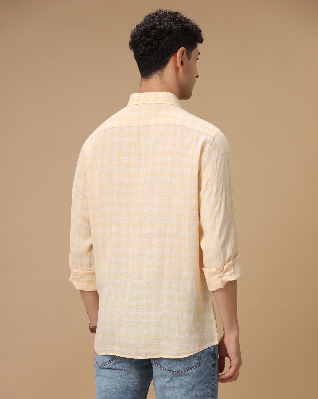 Men's Pure Linen Yellow Checked Contemporary Fit Full Sleeve Casual Shirt