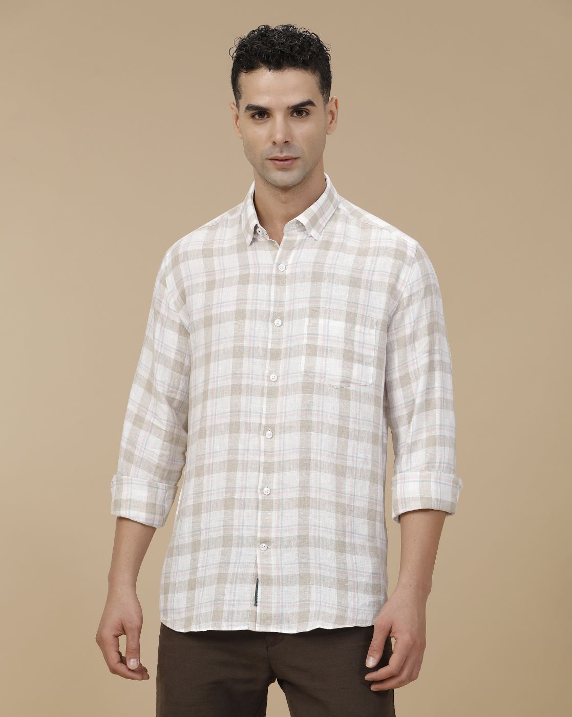 Linen Club Men's Pure Linen Beige Checked Contemporary Fit Full Sleeve Casual Shirt