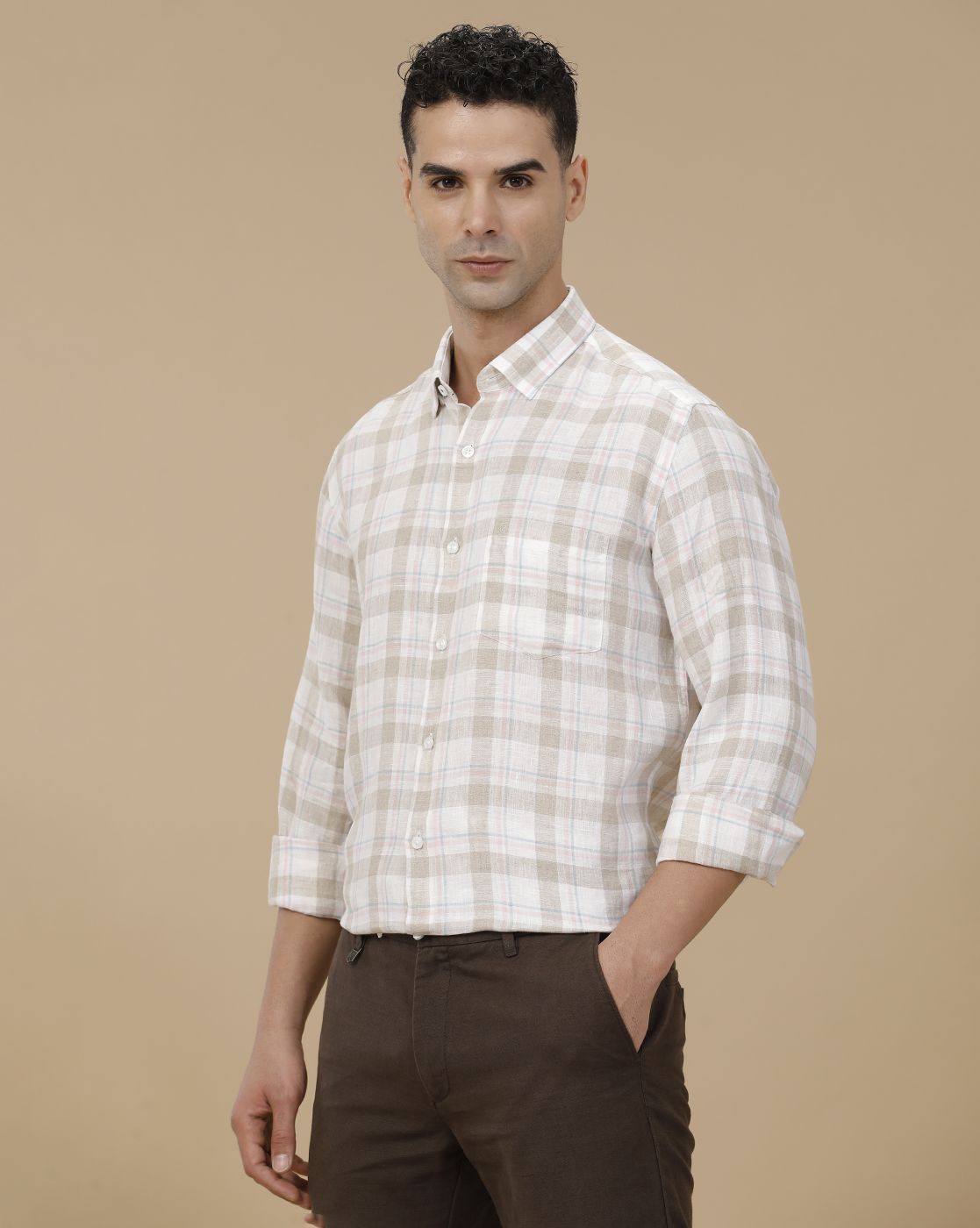 Linen Club Men's Pure Linen Beige Checked Contemporary Fit Full Sleeve Casual Shirt