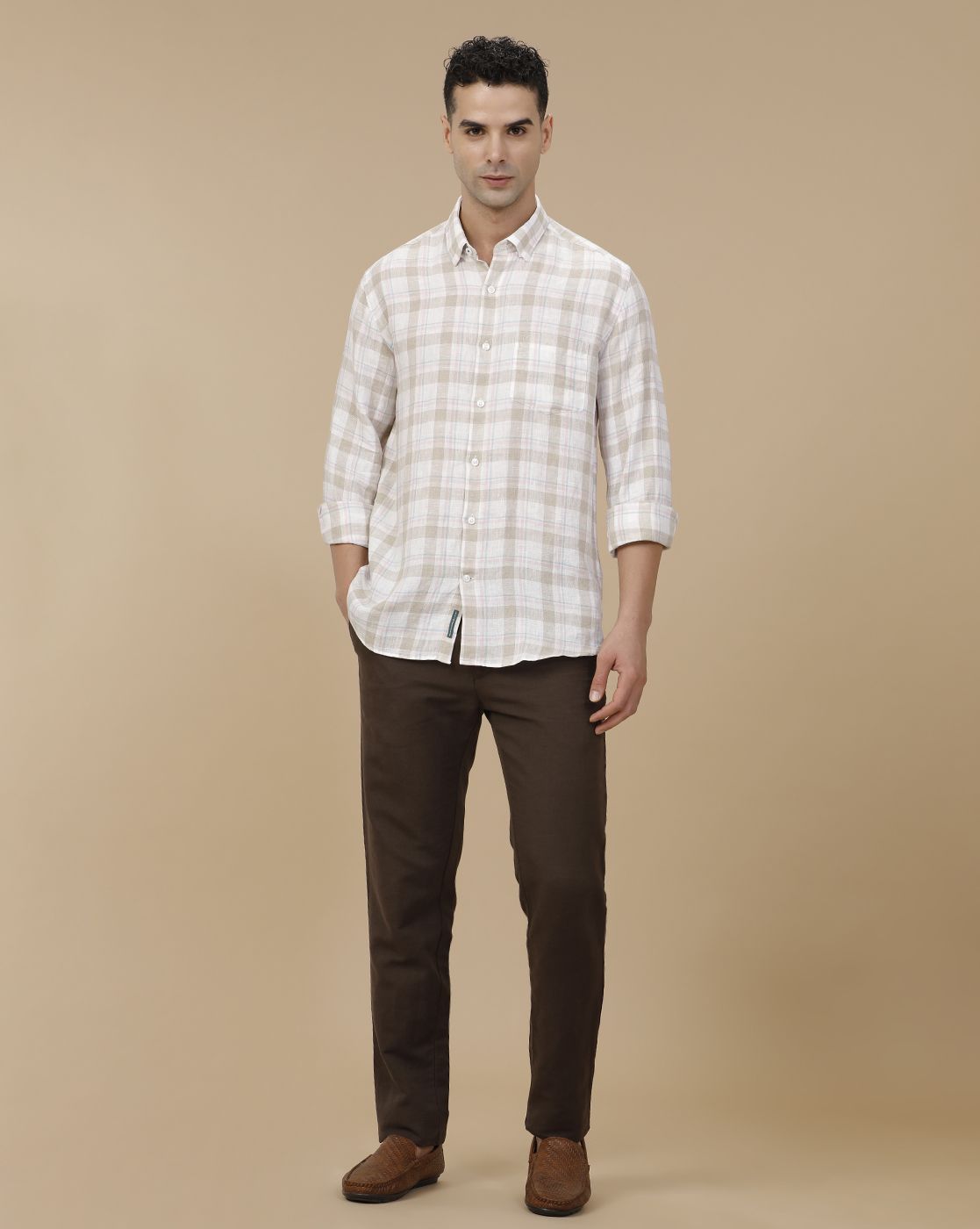 Linen Club Men's Pure Linen Beige Checked Contemporary Fit Full Sleeve Casual Shirt