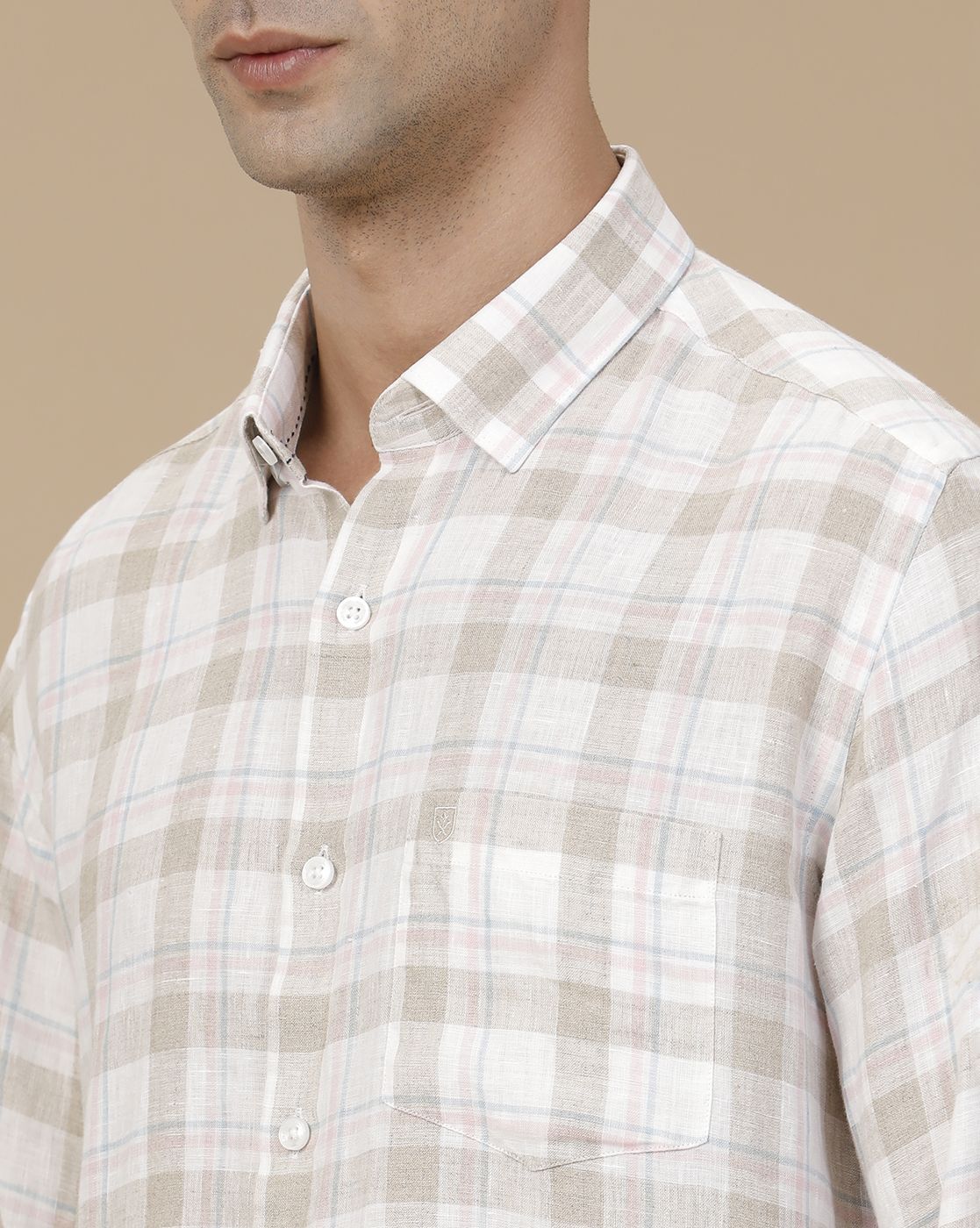 Linen Club Men's Pure Linen Beige Checked Contemporary Fit Full Sleeve Casual Shirt